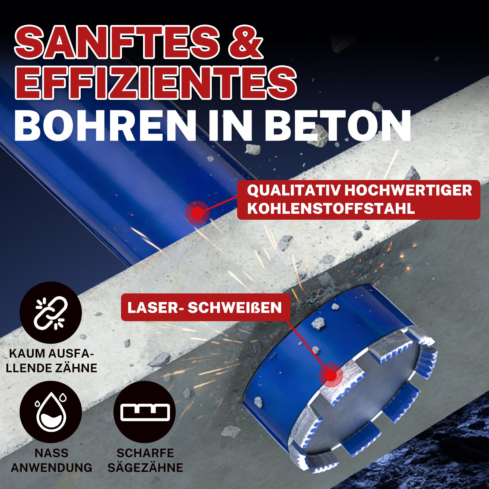 51 mm Kernbohrer – 410 mm Schnitttiefe, 1‑1/4 Zoll – Nassbohren Diamantbohrkrone für Stahlbeton, Mauerwerk, Naturstein, Ziegel (460 mm Gesamtlänge)