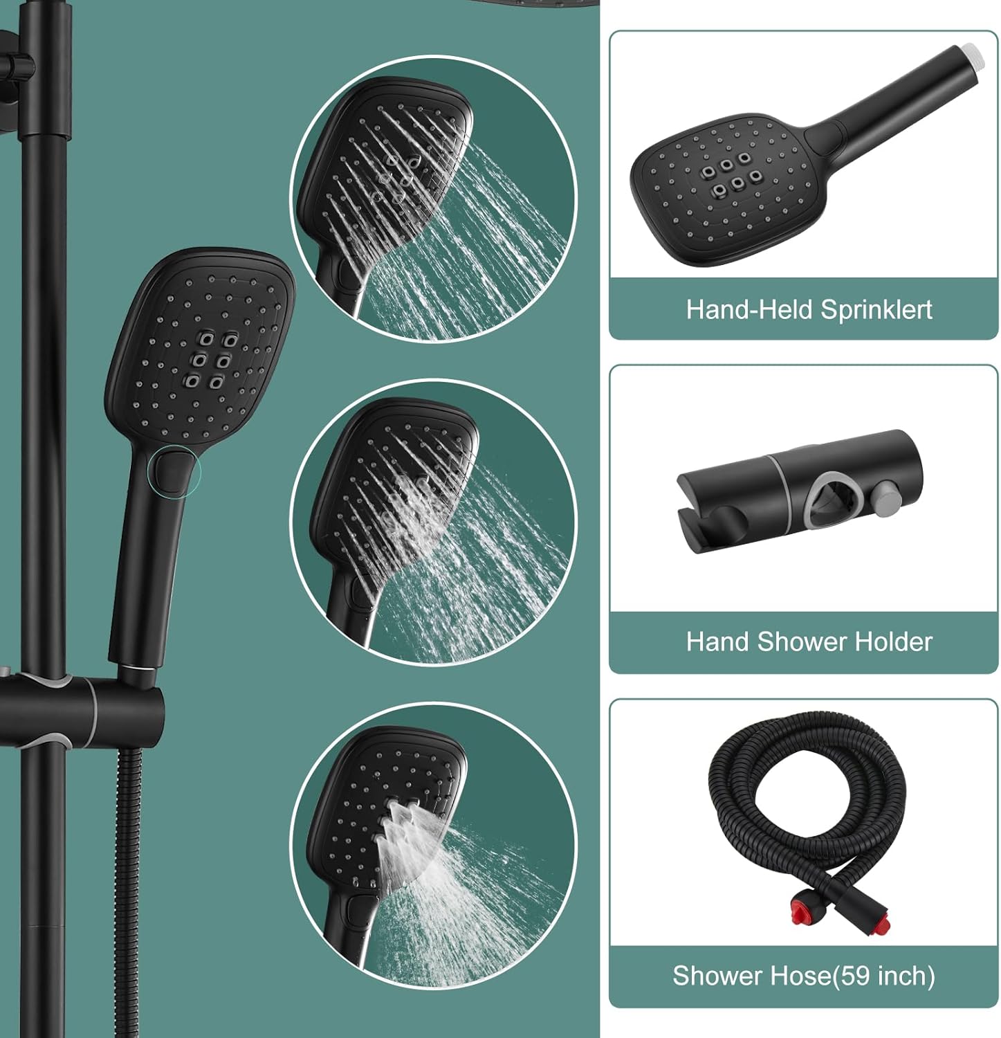 Heyalan Exposed Shower System 3 Function Bathroom Shower Faucet Set 9 Inch Rainfall Shower Head Handheld Sprayer Complete Set Adjustable Hand Spray Tub Spout Wall Mount,Matte Black