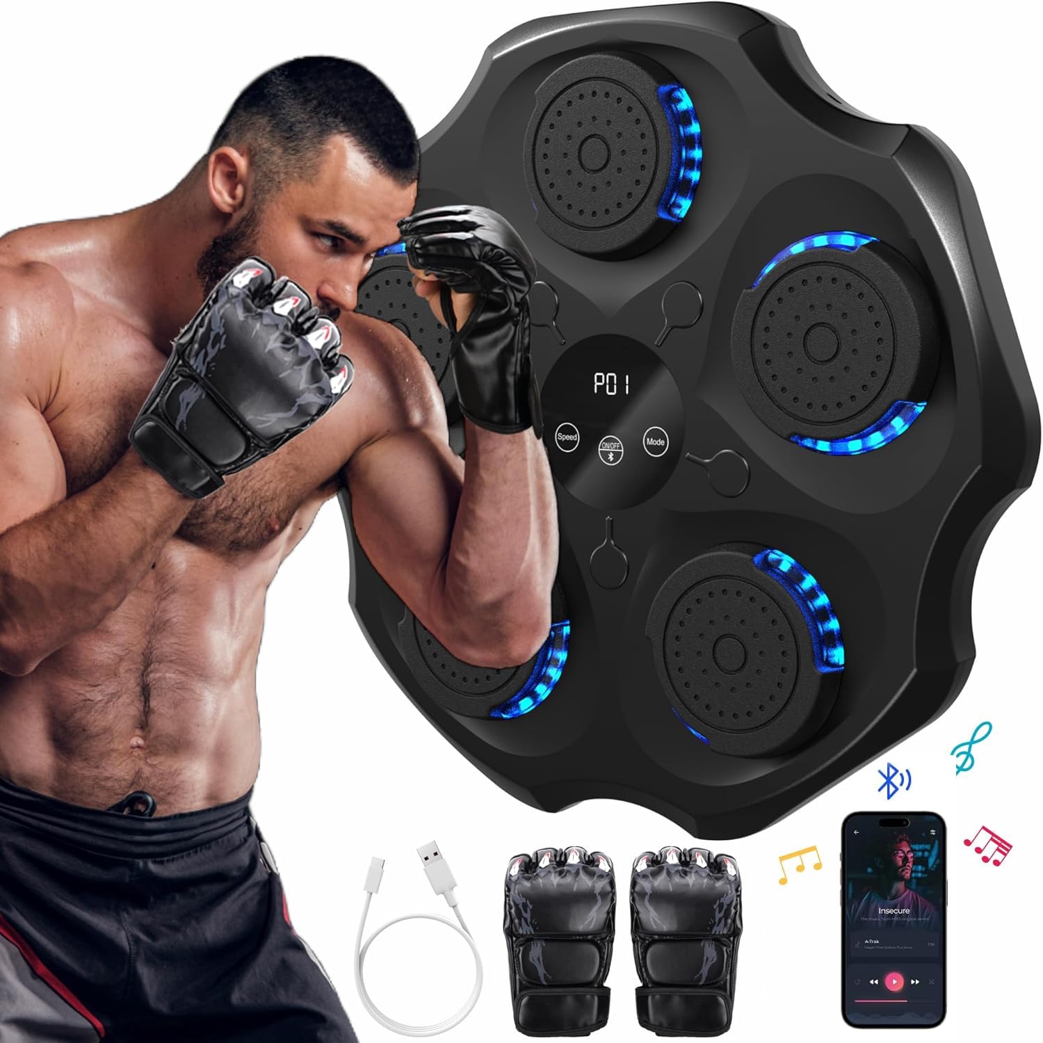 Music Boxing Machine con guantoni da boxe, stile extra grande, intelligente da boxe con Bluetooth, macchina elettronica da boxe per montaggio a parete con 9 modalità di velocità e modalità di