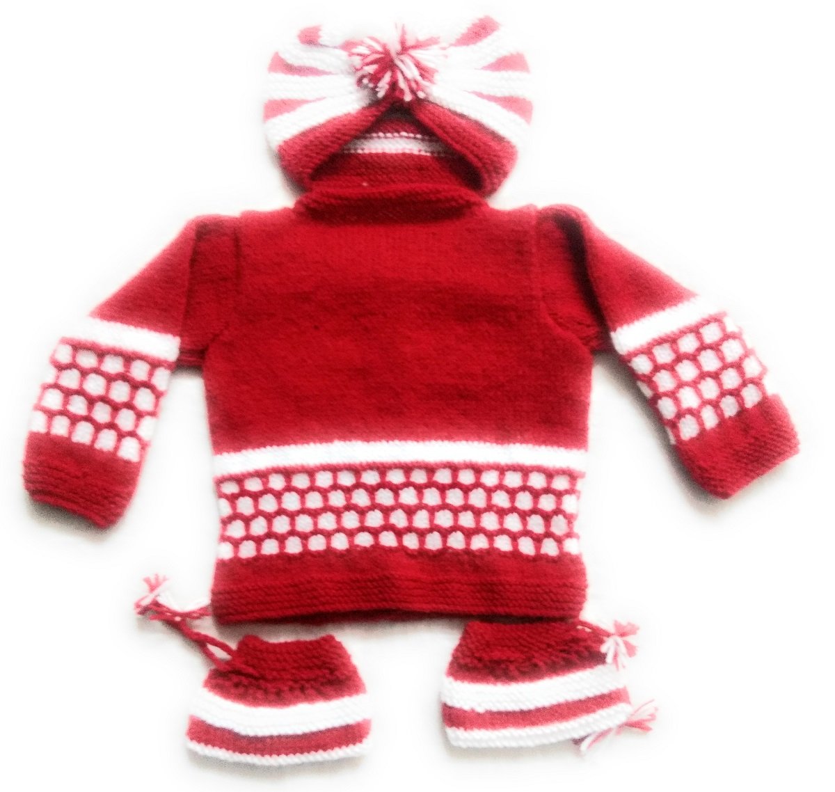 Jain New Traders - Handmade New Born Baby Woolen Baby Round Neck Sweater Set (3Pcs Suit) For 0-6 Months Baby Boy Or Girl (Red & White)