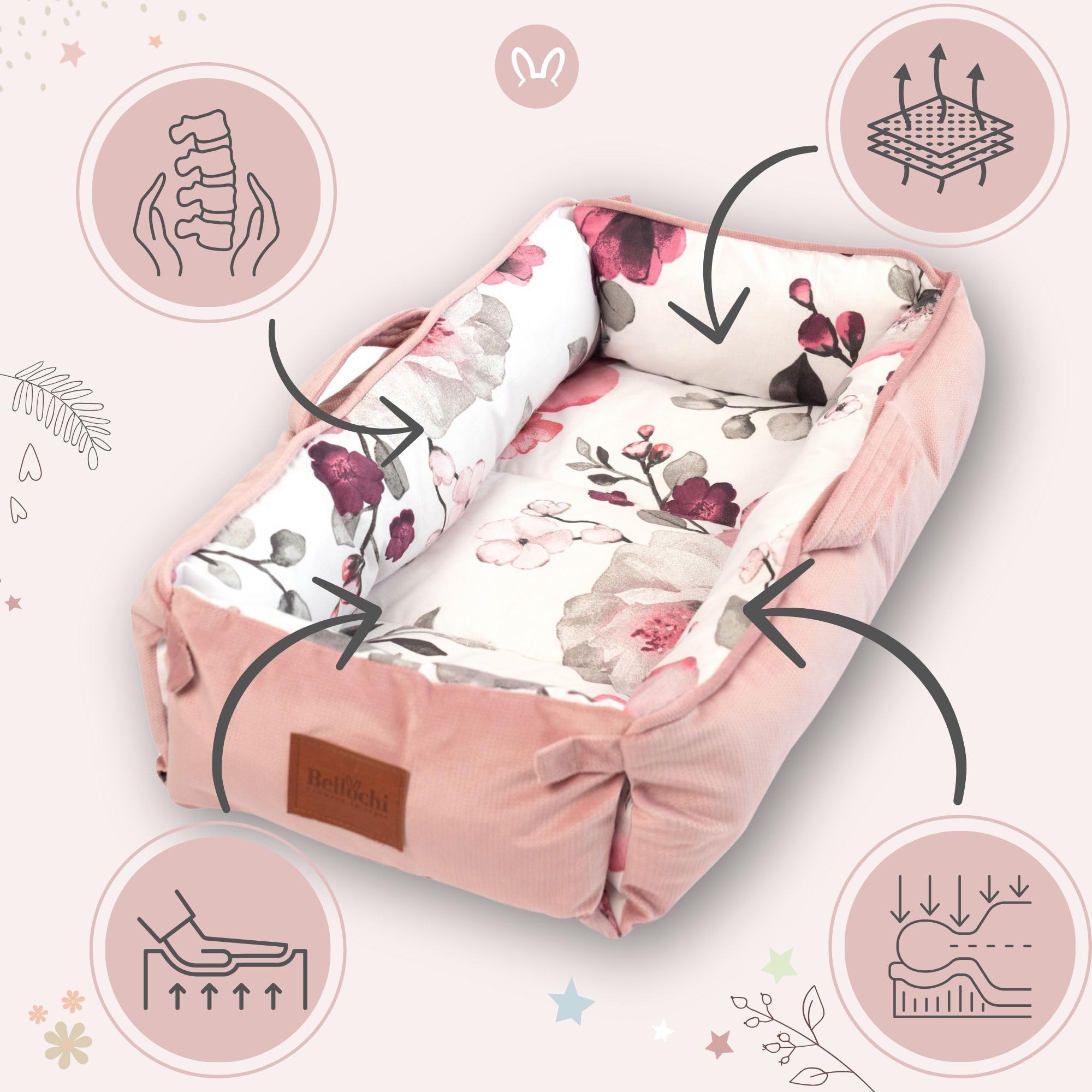 Bellochi Nid universel pour bébé | Retraite confortable pour nouveau-né | Chaise longue multifonction avec fermetures magnétiques silencieuses | Parfaitement dimensionné 100 x 70 x 14 cm (Blush)
