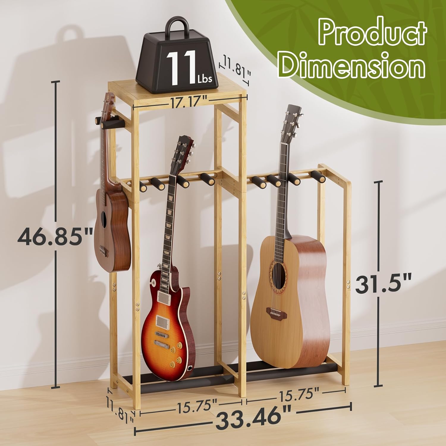 Amazer Guitar Stand, Guitar Rack for Acoustic, Bass, Electric Guitar, Multi Guitar Display Stand Adjustable Bamboo Guitars Holder, Multiple Guitar Stands Floor, for Home Music Studio