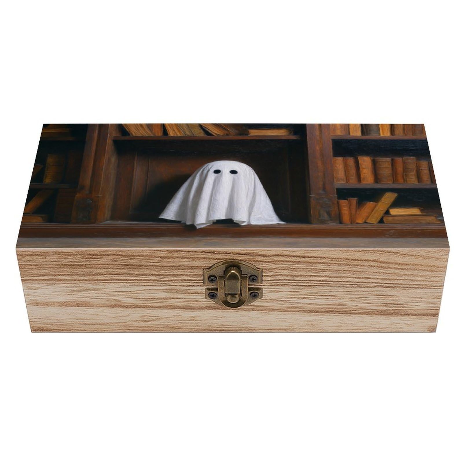 Ahdyr As Pic Cute Ghost On Library Wood Bookshelves Vintage Wooden Storage Box With Hinged Lid And Front Clasp Large Keepsake Box