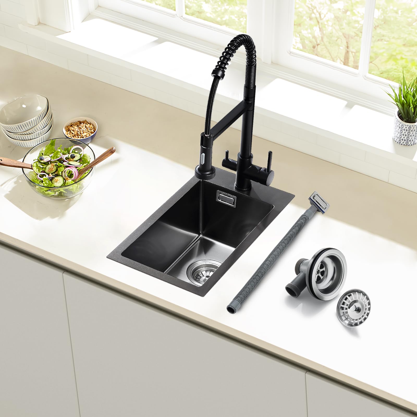 ROVOGO Küchenspüle Schwarz 50 x 28 cm, Edelstahl Spülbecken Küche mit Armaturloch, Ablaufgarnitur und Überlauf-Set, Einbauspüle 1 Becken Rechteckig, Einbau Spüle Klein Edelstahlspüle für Küche