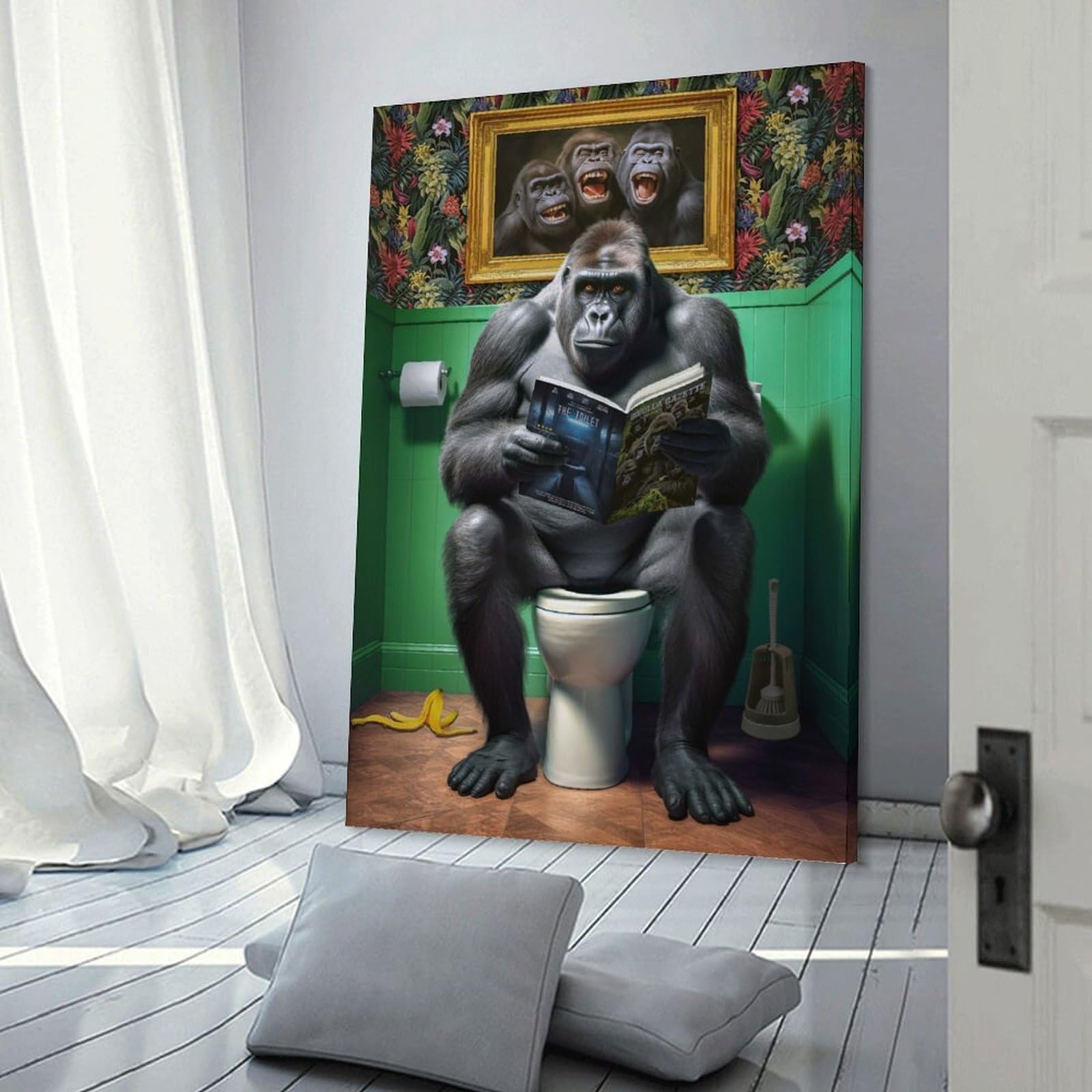 Junmoney Frame-Style-9 Wall Art Print Gorilla On The Toilet, 08X12inch(20X30cm), For Home Lounge, Bedroom Or Reading Nook, Modern Wall Decor For Cosy Interiors