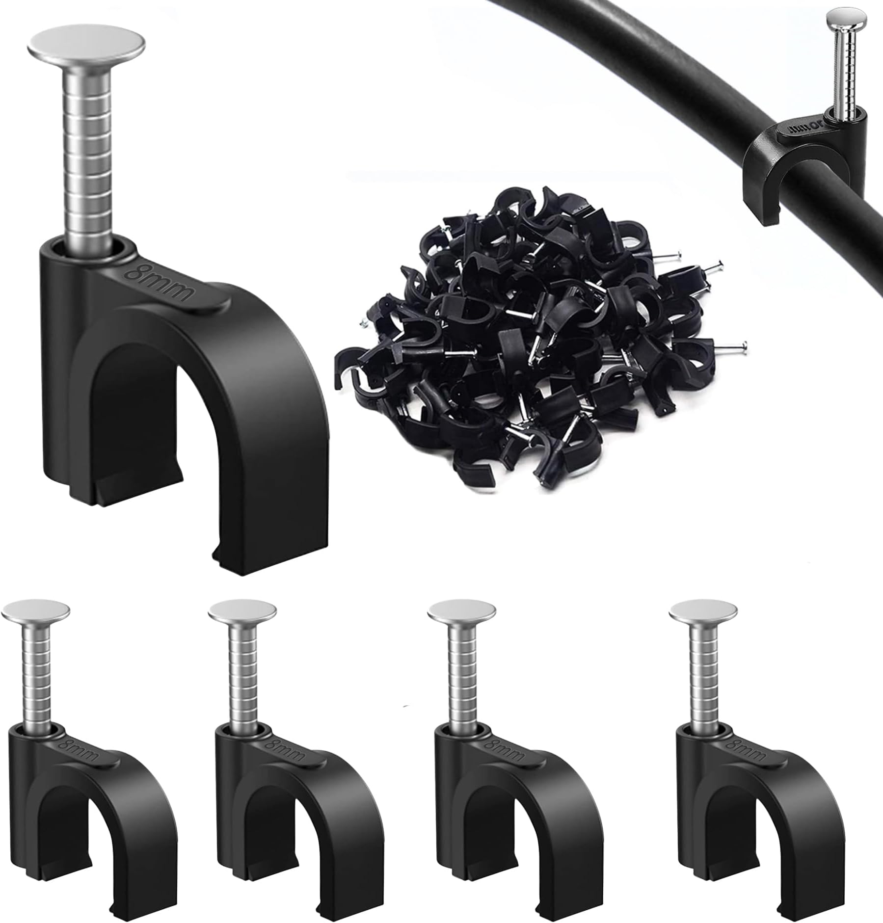 100PCS Round Cable Clips, 8MM Cable Nail Clips,Wire Tidy Clips, Durable Cable Wall Clips for Organizing Ethernet, USB Cable, Phone Line and TV Line-Black