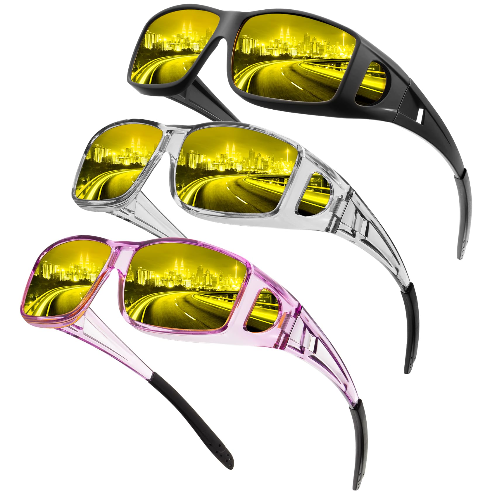 Night Vision Glasses, Fit Over Glasses Mens Womens, Wrap Around Anti Glare HD Night Vision Lens for Night Driving