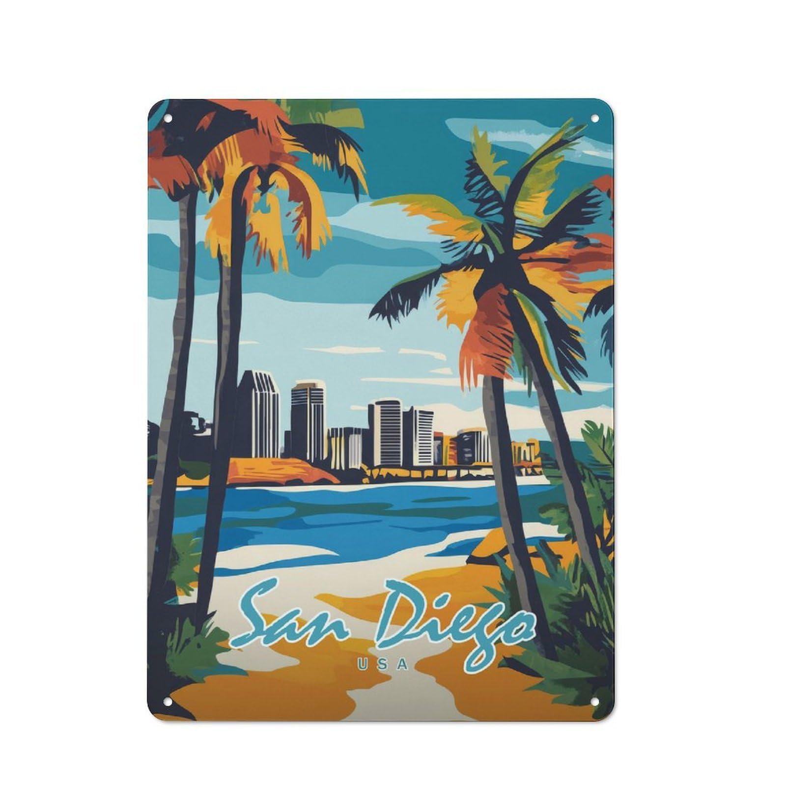 Junmoney Style-9 Retro Metal Wall Sign 40X30cm Featuring San Diego Cityscape For Garage Wall, For Garage, Workshop And Man Cave Decoration
