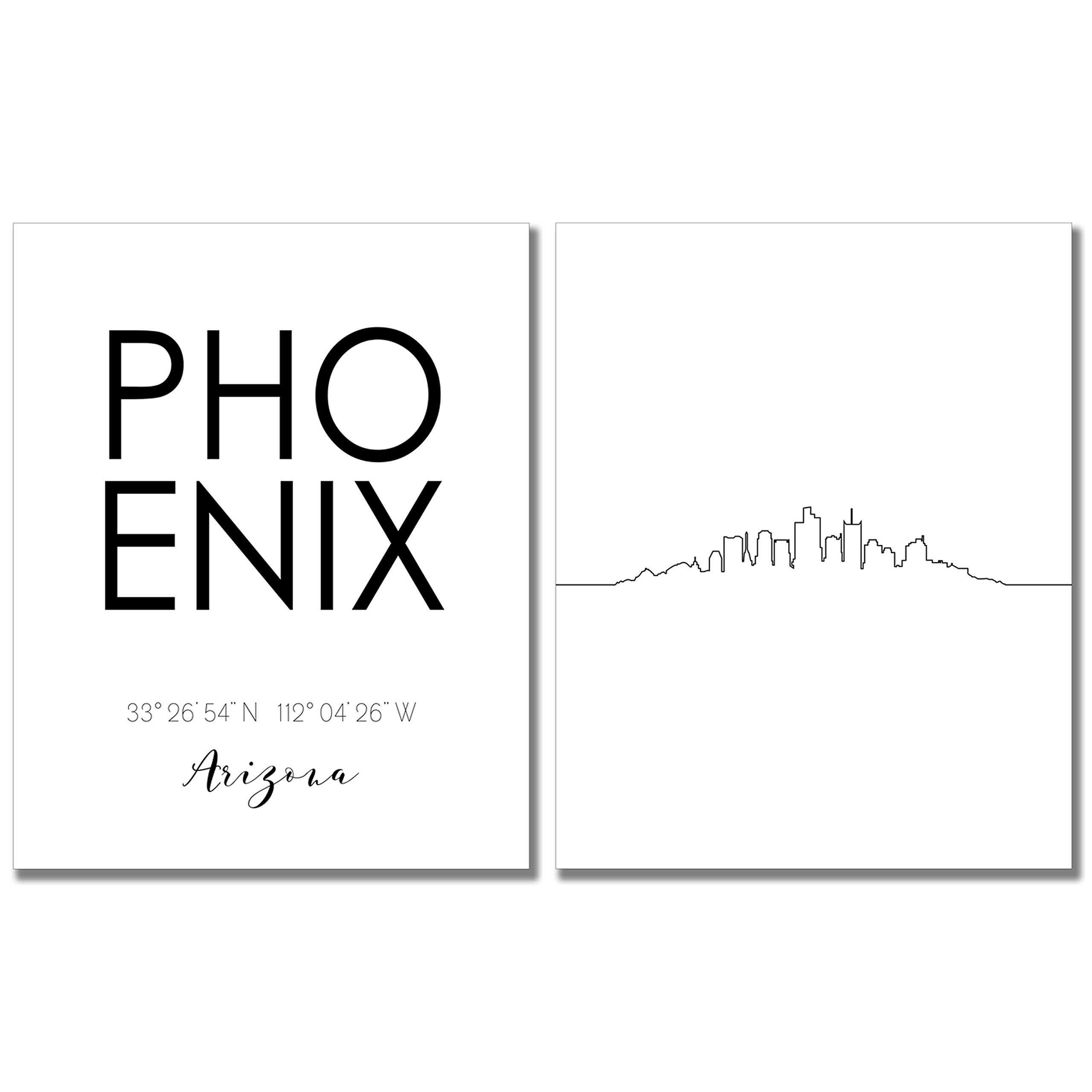 TnT Prints - Phoenix Wall Art City Skyline - Set of 2 (8x10) Glossy Black and White - Arizona Art Prints