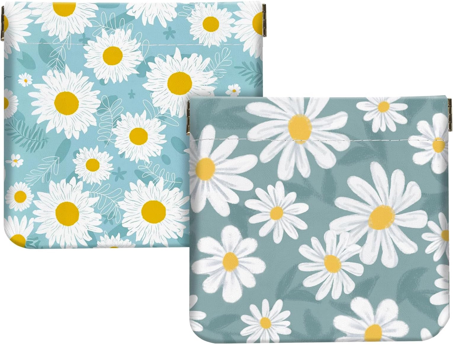2Pcs PU Leather Small Squeeze Coin Purse Pouch Mini coin Bag, White floral pattern, Coin Purse Pouch
