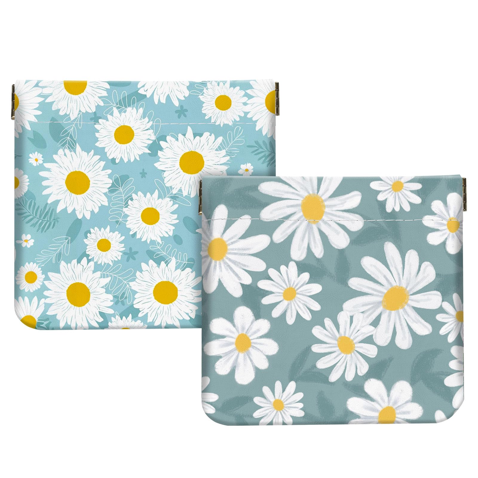 2Pcs PU Leather Small Squeeze Coin Purse Pouch Mini coin Bag, White floral pattern, Coin Purse Pouch