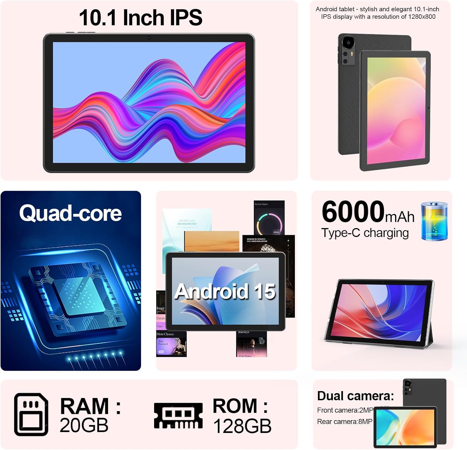 10 Inch Tablet Android 15 Tablets with Case 4+16GB RAM+128GB ROM, 6000mah Battery 10 in Android Tableta, 2MP+8MP Dual Camera 10.1'' IPS HD Touch Screen Tab (Black)