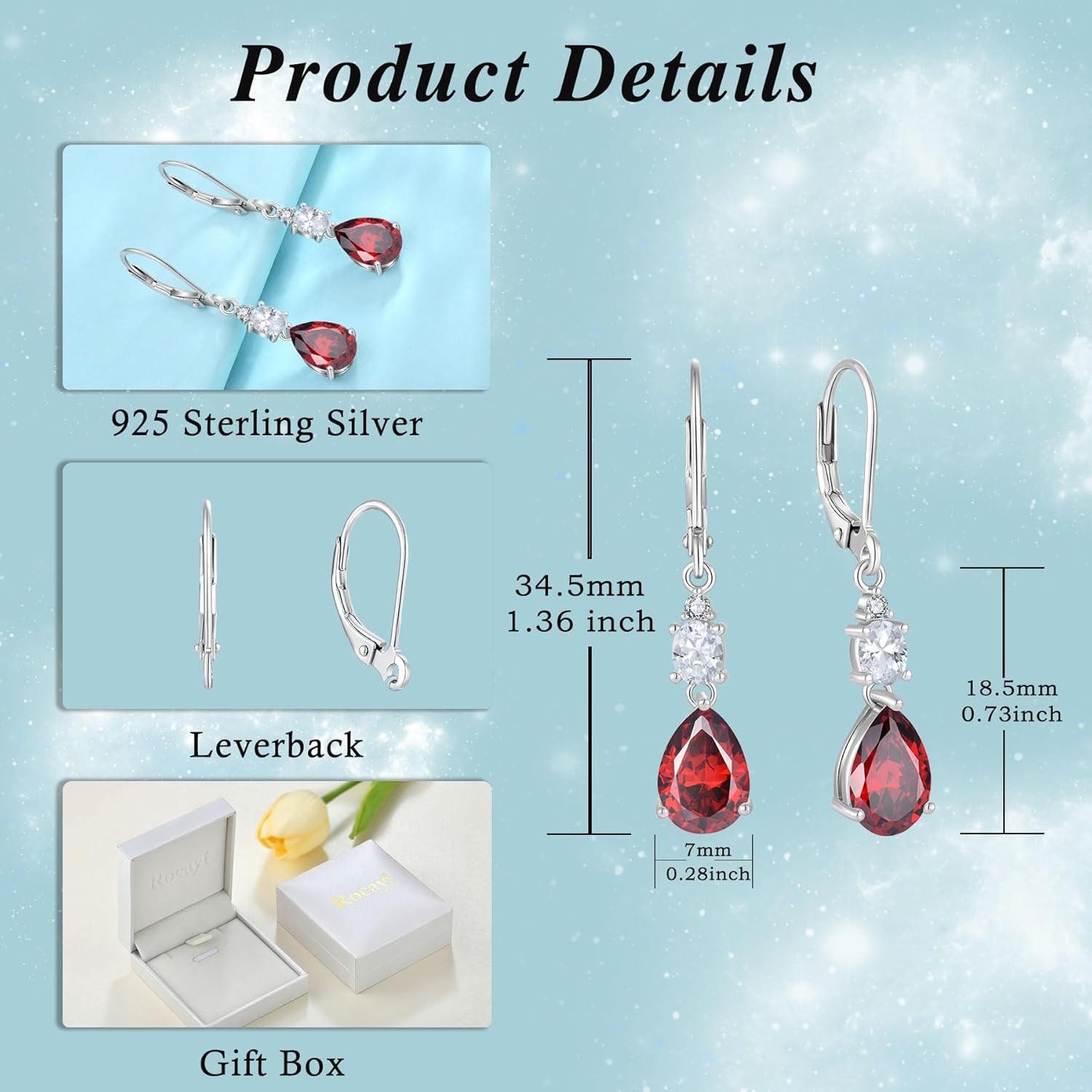 Teardrop Leverback Earrings 925 Sterling Silver Oval Dangle Drop Earrings Birthstone Jewelry for Women