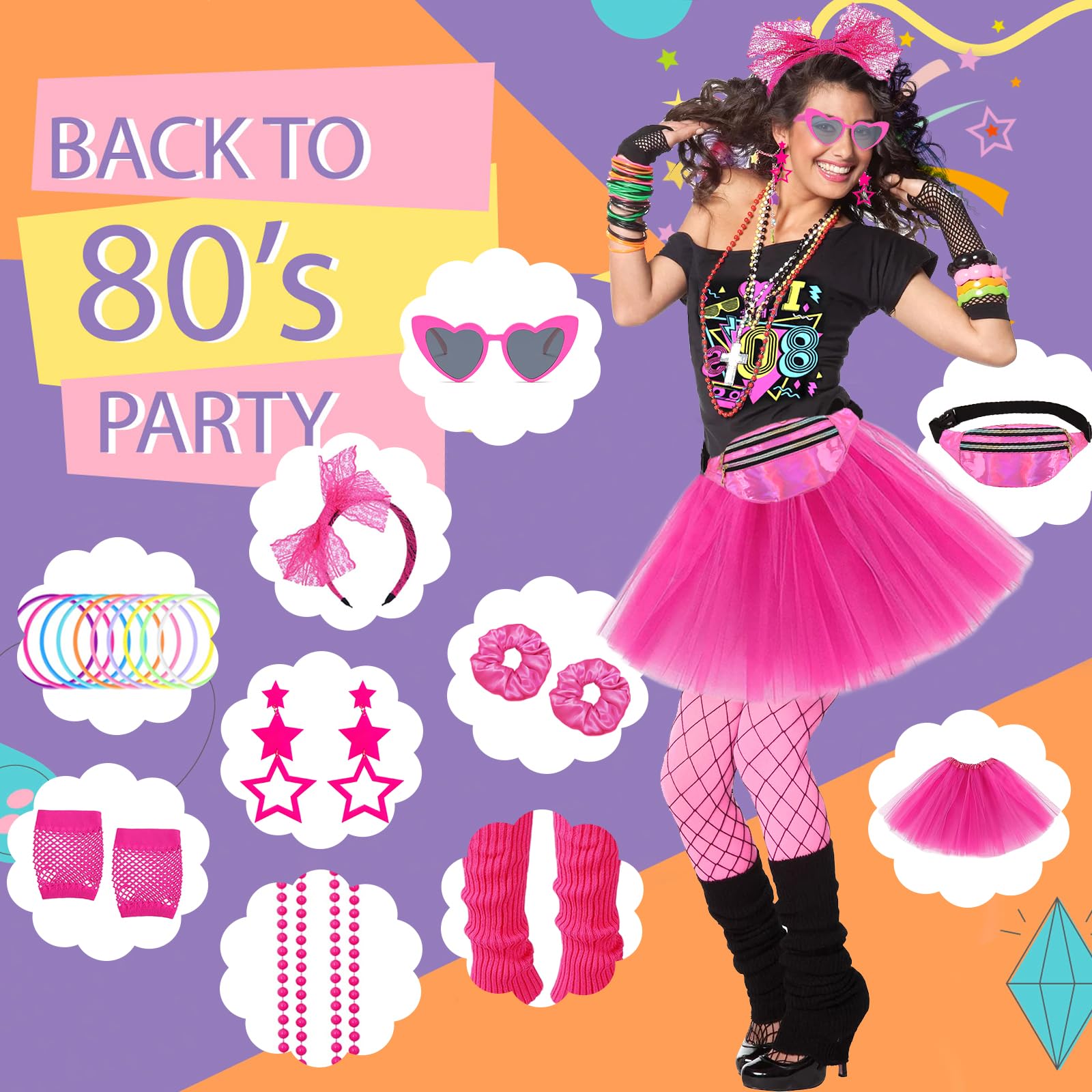 Costume anni '80, accessori per abiti da discoteca, luci al neon anni '90, t-shirt, tutu, bracciale, marsupio, occhiali, braccialetto, collane, scaldamuscoli, donne, outfit, anno, tema, festa