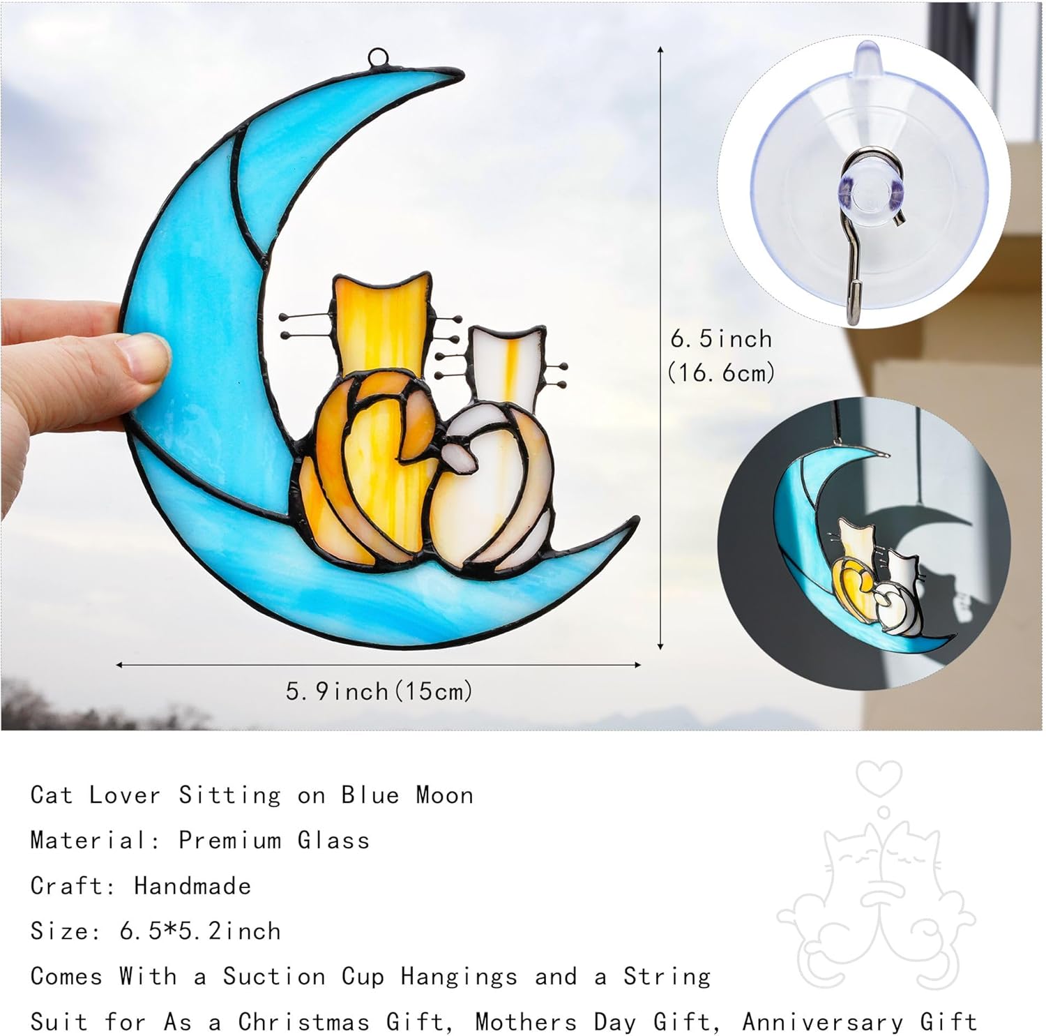 HDCRYSTALGIFTS 6.5'' Valentine’s Day Gift, Cat Lovers Stained Glass Window Hanging Sun Catcher Gifts for Women/Girls, Glass Couple Cat Sitting on Moon Suncatcher for Window, Wall Home Decor - Image 2