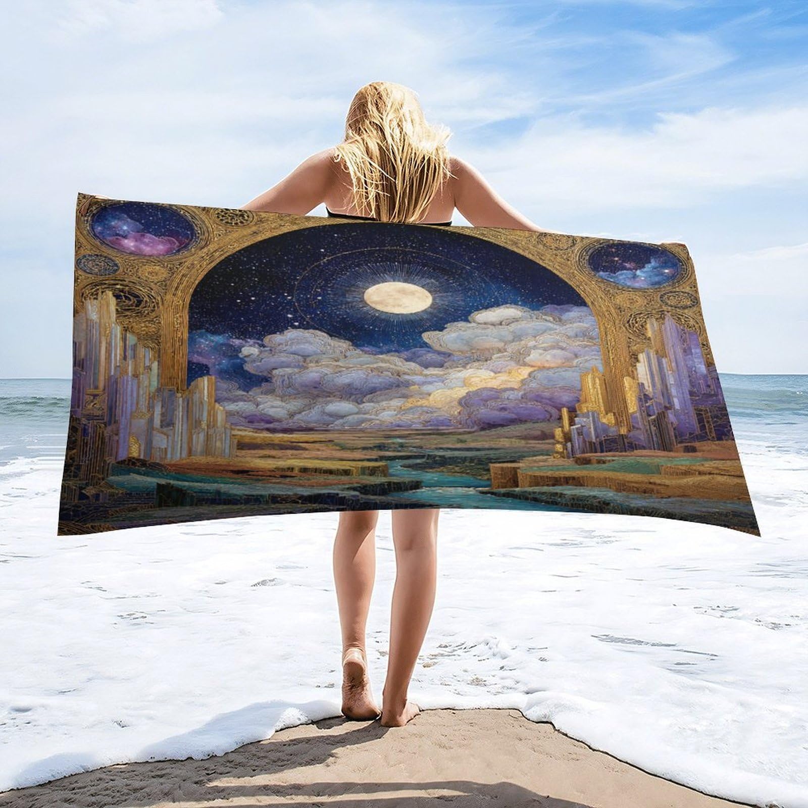 Luyysky Vintage Geometric Fantasy Archway Quick-Drying Beach Towel, Beautiful Abstract Full Moon Starry Sky Outer Space Galaxy Travel Vacation Single Sided Pile Bathroom Towels-80 W Cm X 160" L Cm
