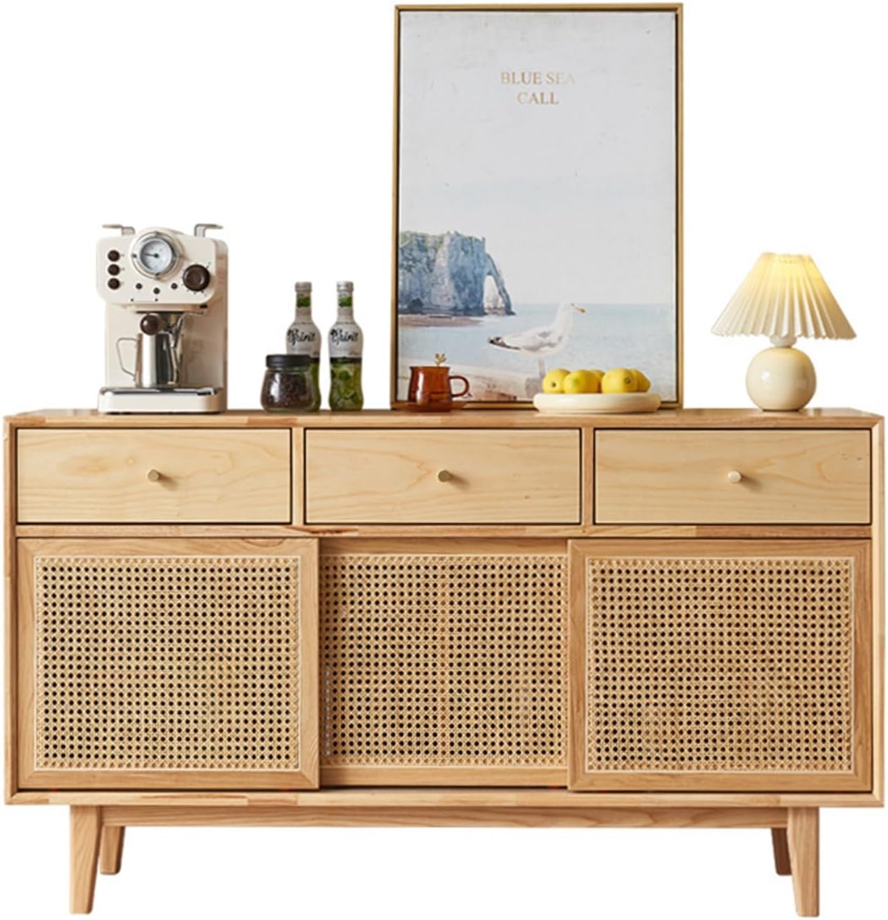 Buffet Cabinet Rattan Dining Sideboard Household Living Room Multifunctional Storage Cabinet Flat Push Door Solid Wood Pantry Kitchen Cabinet