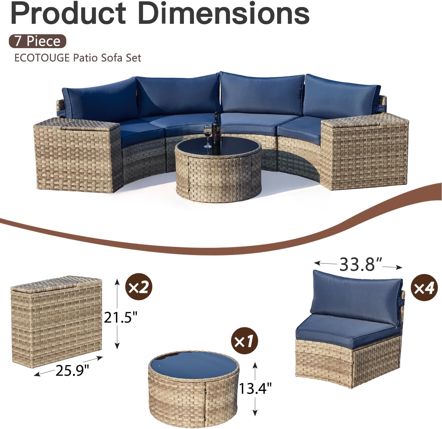 ECOTOUGE Half Moon Patio Furniture Set, 7-Piece All-Weather Wicker Curved Sofa Set, Half Moon Outdoor Couch with High Backs, Fit for Pool Backyard Balcony Garden(Blue)