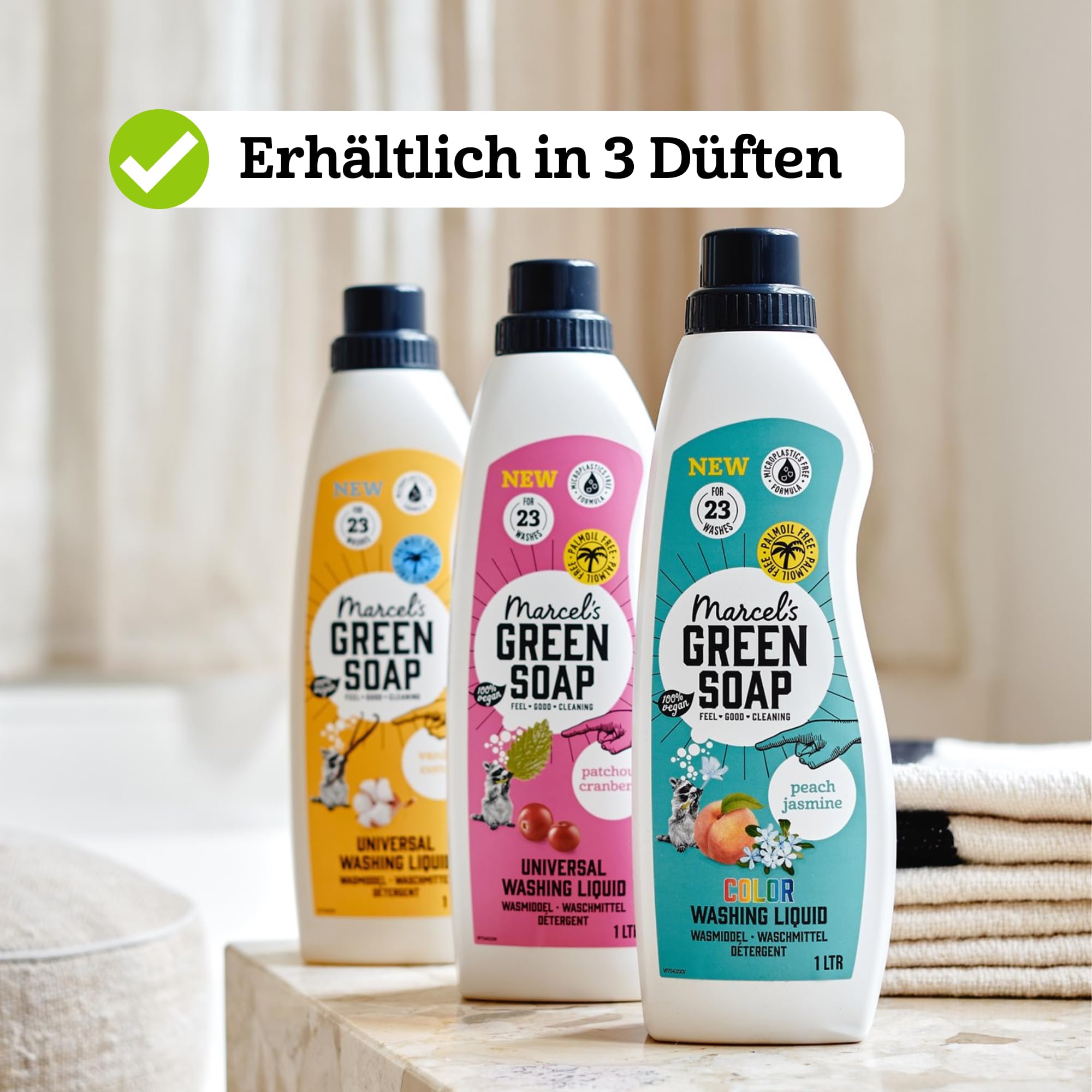 Marcel's Green Soap Farbwaschmittel Nachfüllpack Pfirsich & Jasmin – Nachfüllbeutel – Farbige Wäsche - Vegan - Mikroplastikfreie Formel - 92 Waschgänge - 1L (4er Pack)