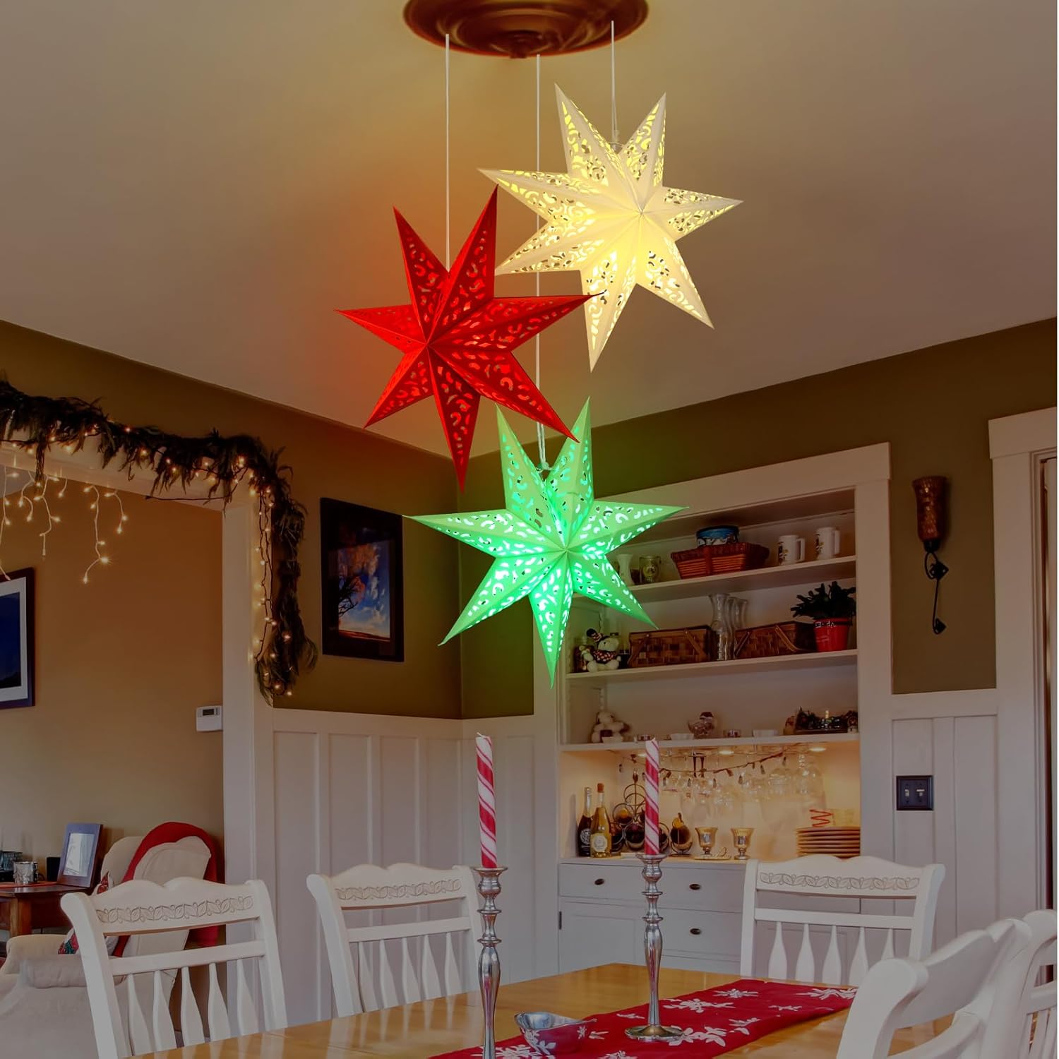 Retisee 12 Pcs 14in Paper Star Lantern with 7 Pointed LED Lights for Xmas, Wedding, Holiday, Birthday Party Celebration(Multicolor)