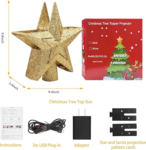 Miniatura 5 de Decoración para árbol de Navidad dorada brillante, decoración de árbol de Navidad hueca 3D, estrella de árbol de Navidad con 2 modos de proyección,