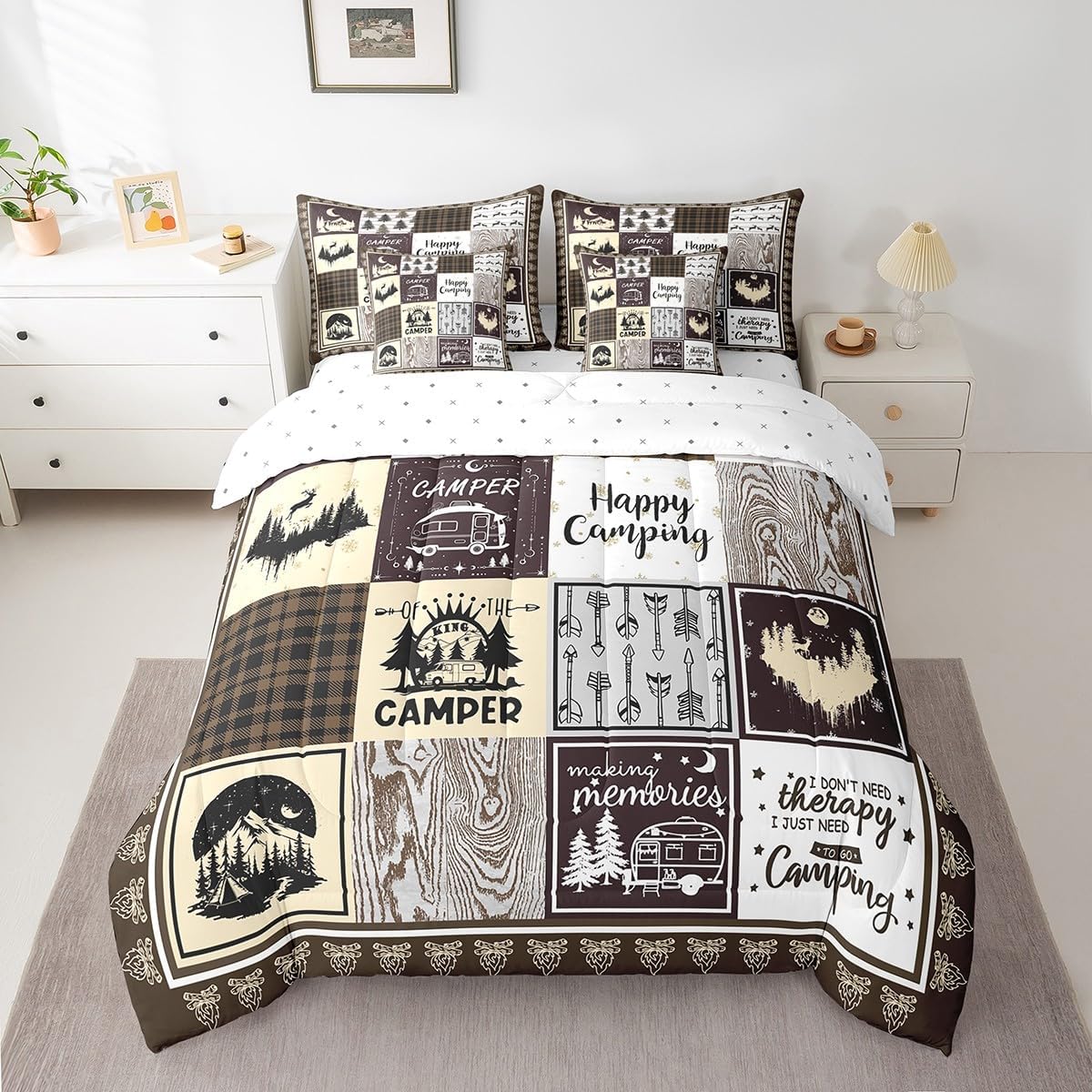 Erosebridal 7 Piece Happy Camping Full Bed in a Bag,Kids Rv Camper Comforter Set for Bunk Travel Trailers,Brown Buffalo Plaid Patchwork Bedding Set with Sheets,Rustic Cabin Bed Set with Pillowcases