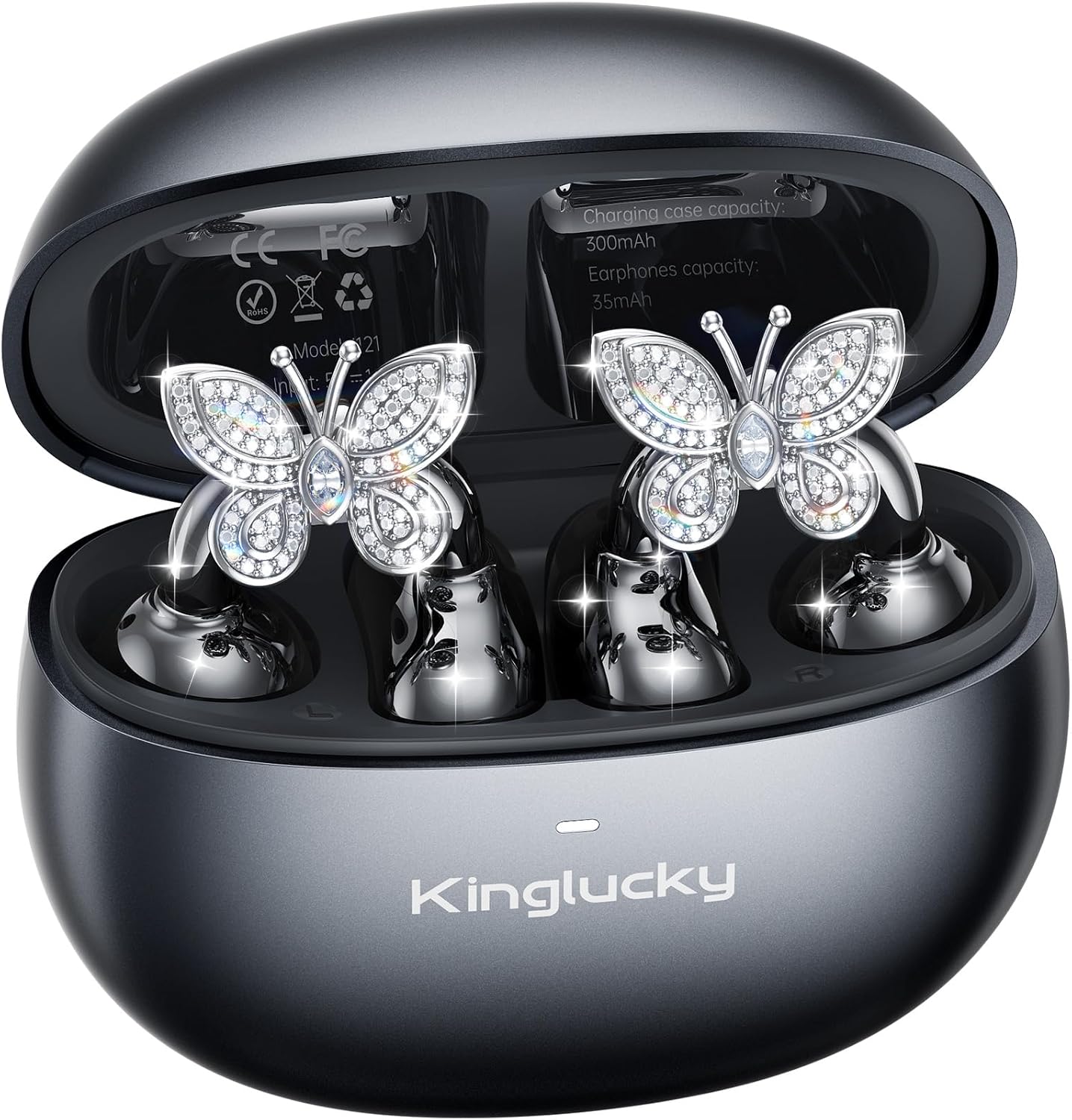 Kinglucky Jewelry-Inspired Clip-On Earbuds with Butterfly Earrings, Comfortable Fit & 50H Playtime Open Ear Bluetooth 5.4 Wireless Headphones for Women, Small Ears, Sports & Workouts (Black)