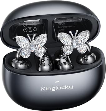 Kinglucky Jewelry-Inspired Clip-On Earbuds with Butterfly Earrings, Comfortable Fit & 40H Playtime Open Ear Bluetooth 5.4 Wireless Headphones for Women, Small Ears, Sports & Workouts Black