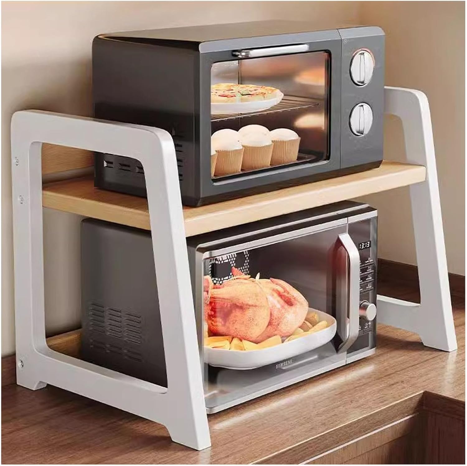 Floor-Standing Solid Wood Rotating Coat Rack，Microwave Oven Stand with Toaster Shelf - Large Kitchen Organizer, Multi-Purpose Baker's Rack & Spice Rack, Printer Stand for Utensils, Tableware