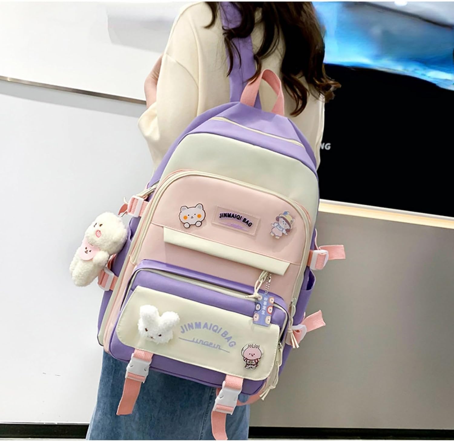5Pcs Kawaii Cute Backpacks Combo Set with Bear Pendant Pins Patchwork Japanese Aesthetic Anime Bunny Daypack Bag Kit (Purple) image 4