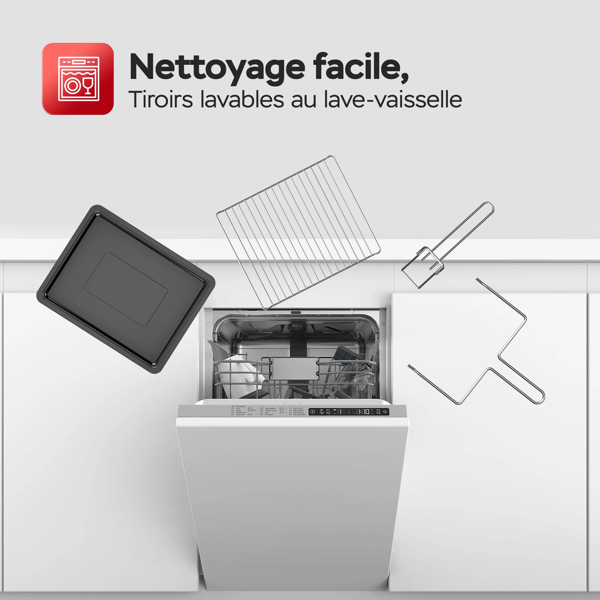 TurboTronic Mini four avec chaleur tournante, 45 l, noir, 2000 W, tournebroche, minuteur, mini four, four à pizza, plaque de cuisson, éclairage intérieur