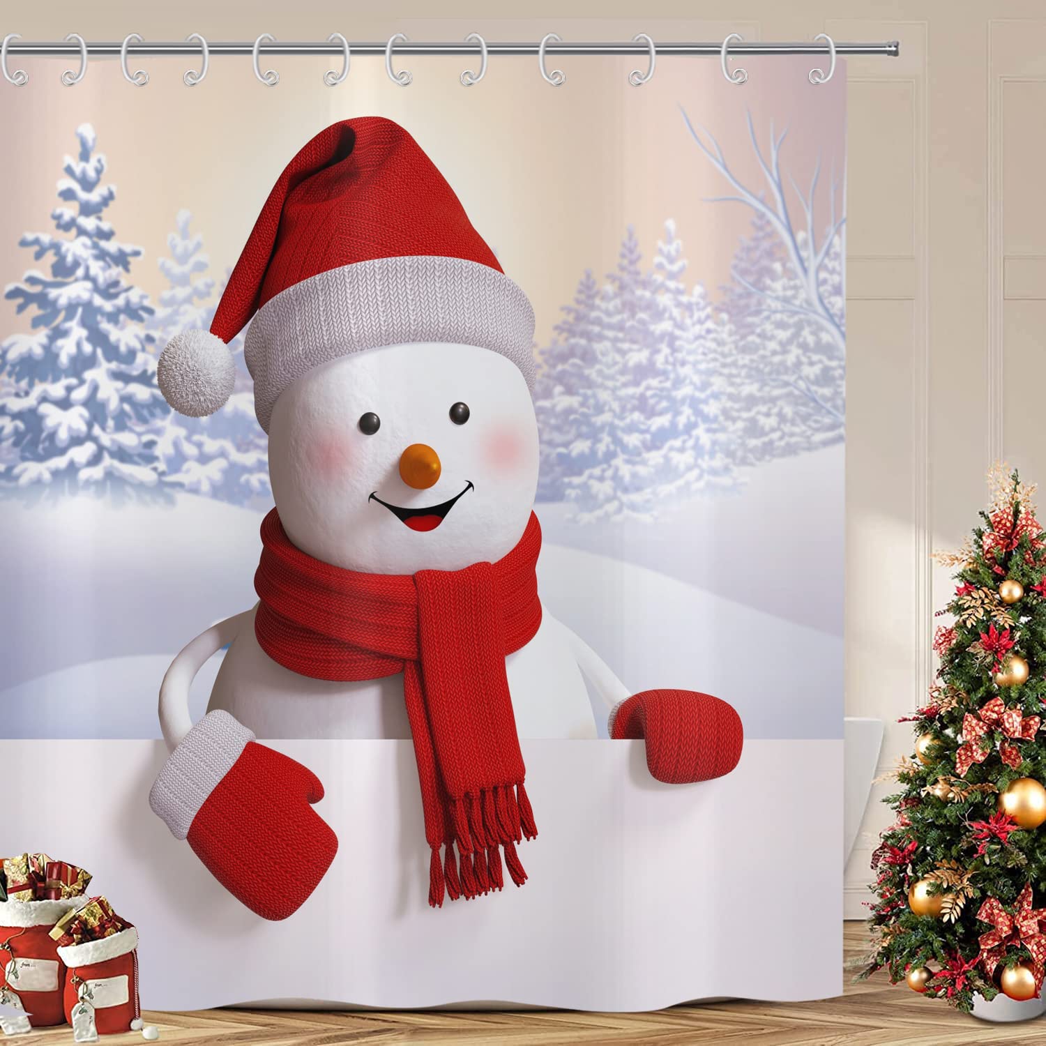 ASDCXZ Christmas Shower Curtain, Santa Claus Christmas Tree Truck Waterproof Shower Curtains, Red Winter Home Decor Fabric Polyester Bathroom Curtains With 12 White Hooks, 165 x 180 cm/ 65 x 71 Inch — image 1