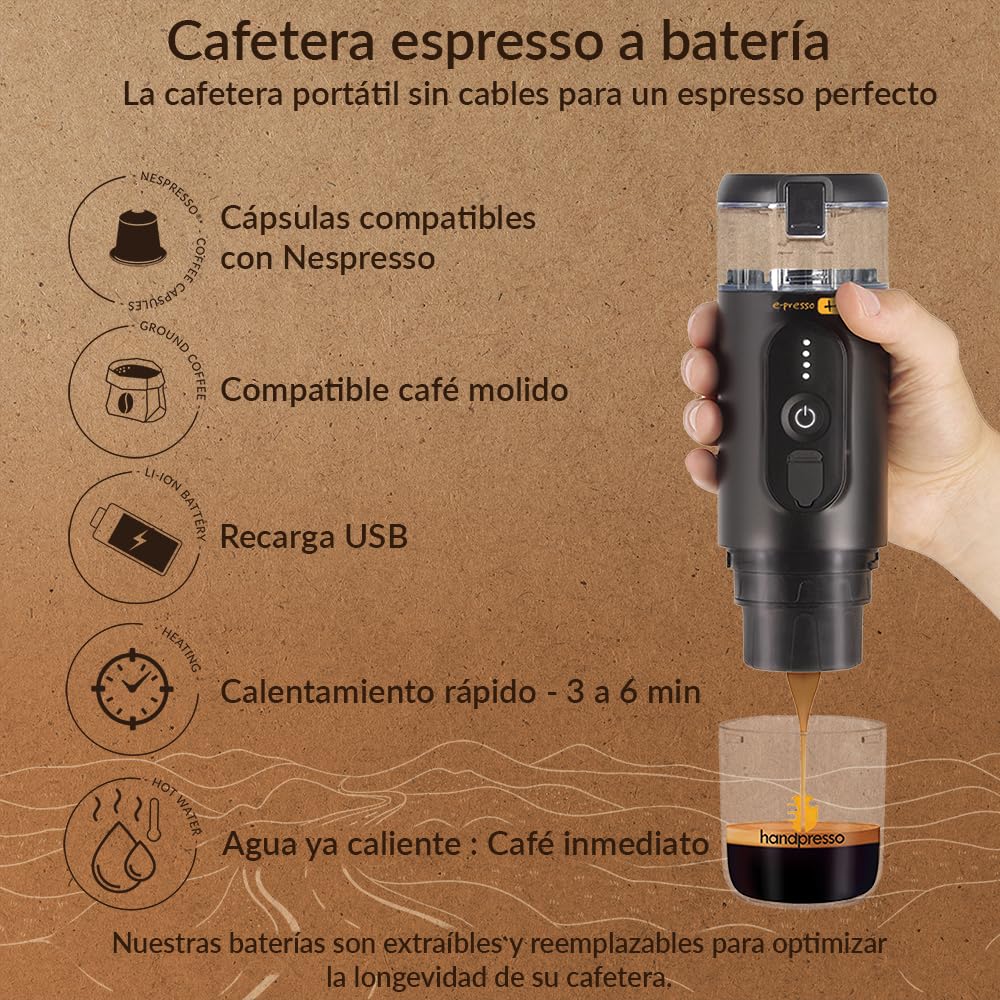 Handpresso Set E-Presso+ 21712 | Cafetera portátil alto rendimiento en su maleta con batería recargable por USB/tanche gran capacidad (80ml) | cafetera viaje para cápsulas de espresso o café molido