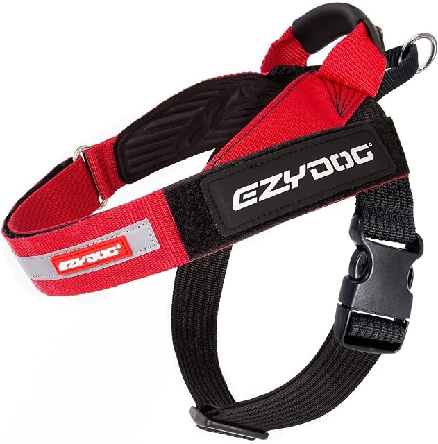 EZYDOG Express Uprząż dla psa, dla małych, średnich i dużych psów, ergonomiczna konstrukcja, formowany uchwyt, klamra boczna z łatwym odpinaniem, rozmiar M, czerwone