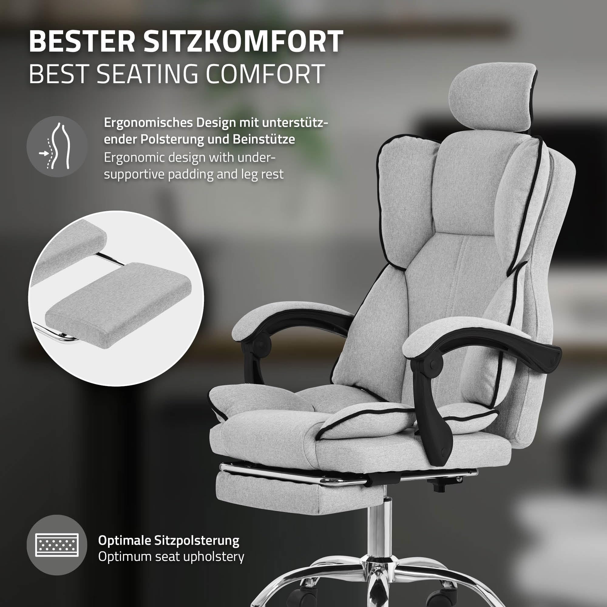 Ergonomiczne krzesło biurowe ML-Design, jasnoszare, krzesło biurowe z regulacją wysokości i wysokim oparciem, krzesło obrotowe z podnóżkiem, poduszką zagłówkiem krzesło komputerowe, krzesło gamingowe
