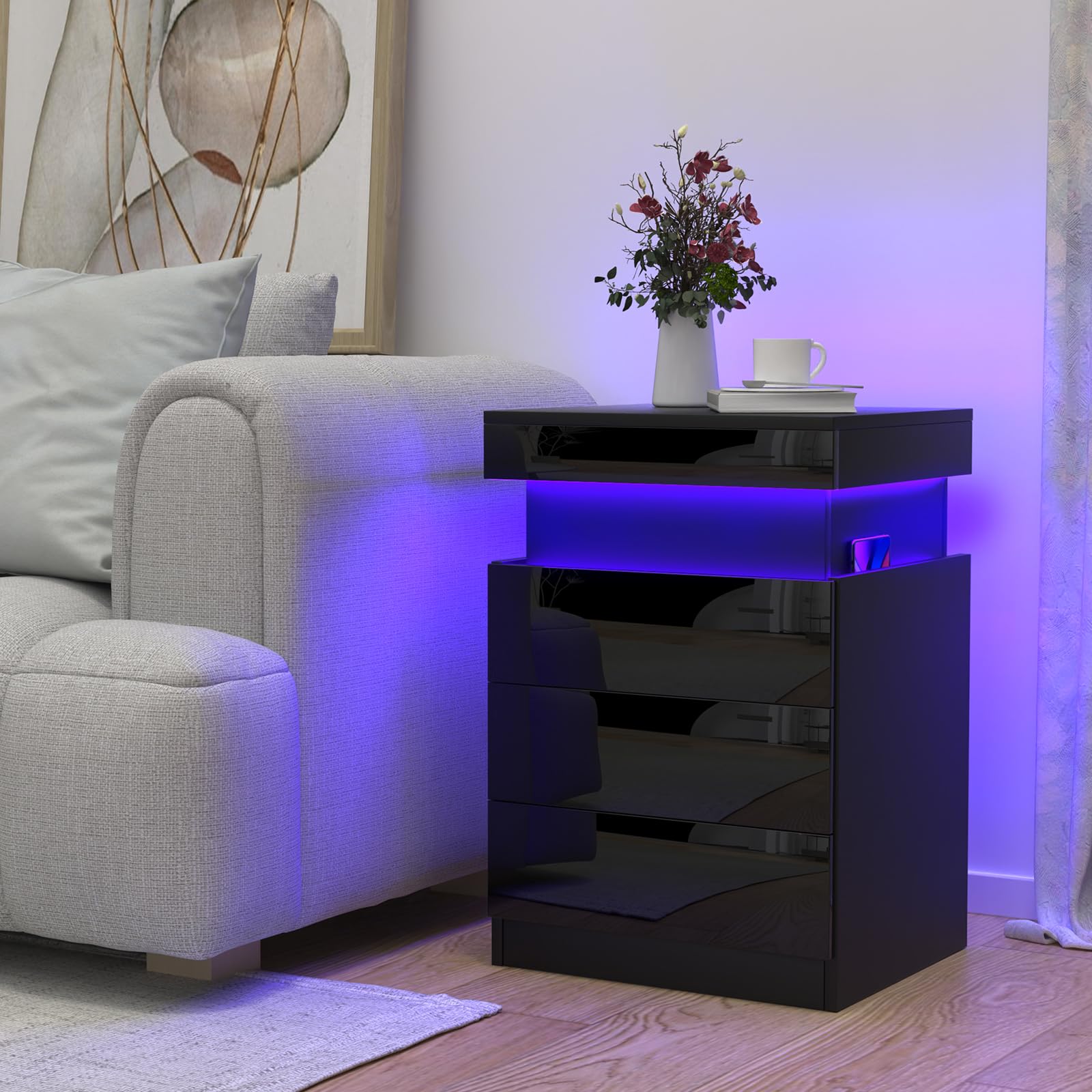 Comodino con Presa e porta USB, Comodino con illuminazione LED Regolabile, Comodini Camera da Letto Moderni Nero Pannello Scorrevole, Intelligente Comodini Camera da Letto con 3 Cassetti