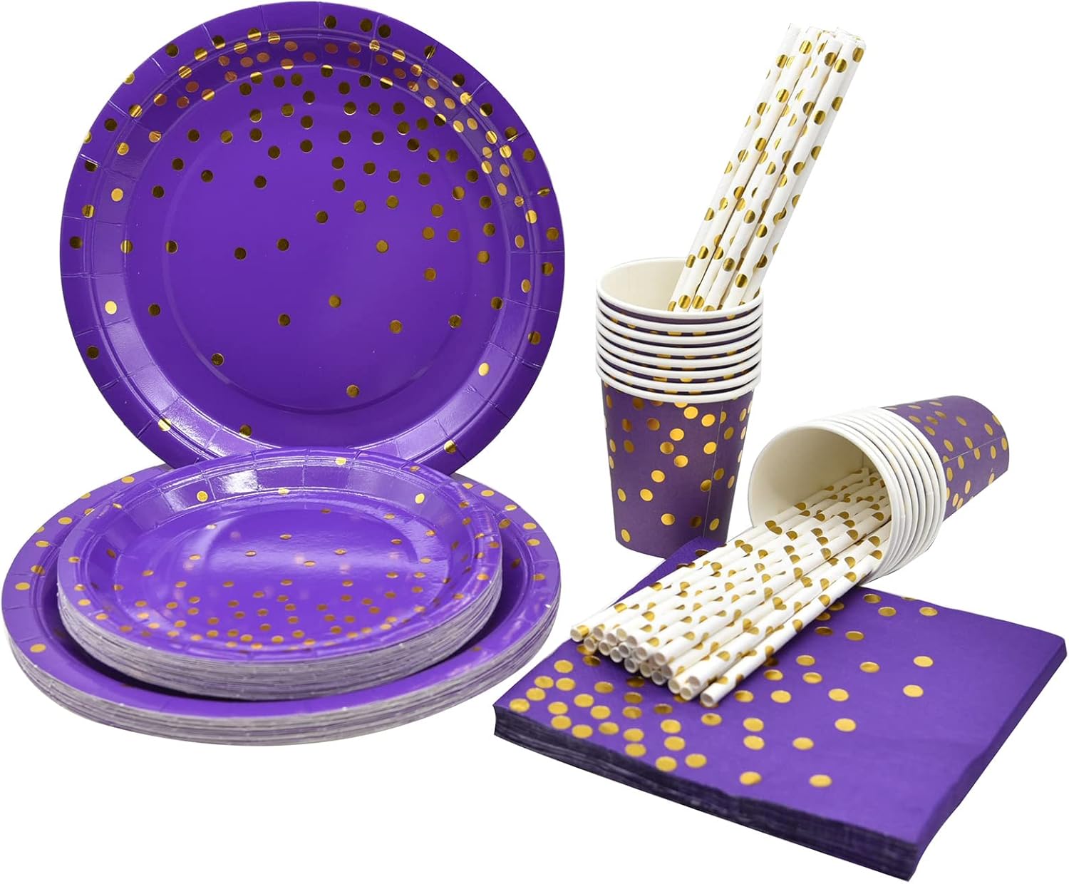 125PCS (Serve 25 Guests) Purple and Gold Party Plates Cups