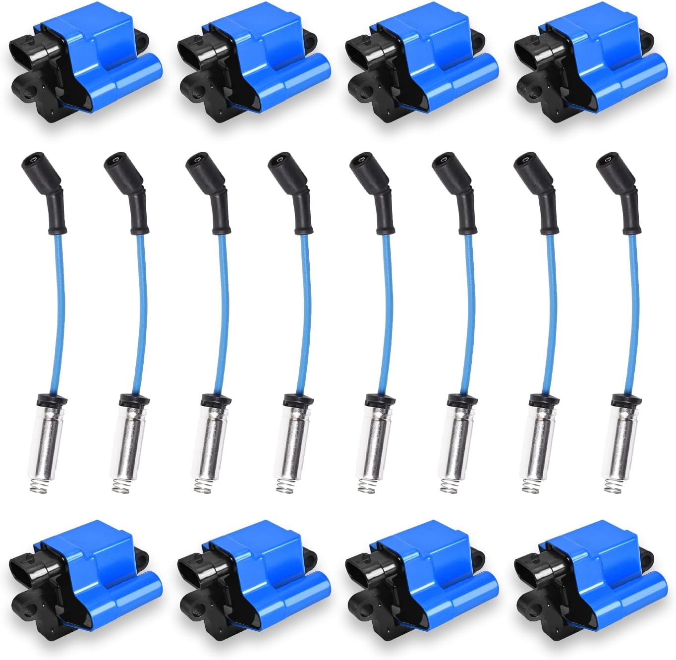 ENA Set of 8 Blue Ignition Coil Pack and Wire Set Compatible with Chevrolet Chevy GMC Cadillac Express Envoy Silverado Suburban Tahoe Savana Sierra 4.8L 5.3L 6.0L 8.1L for UF271 D581 12558693 Square