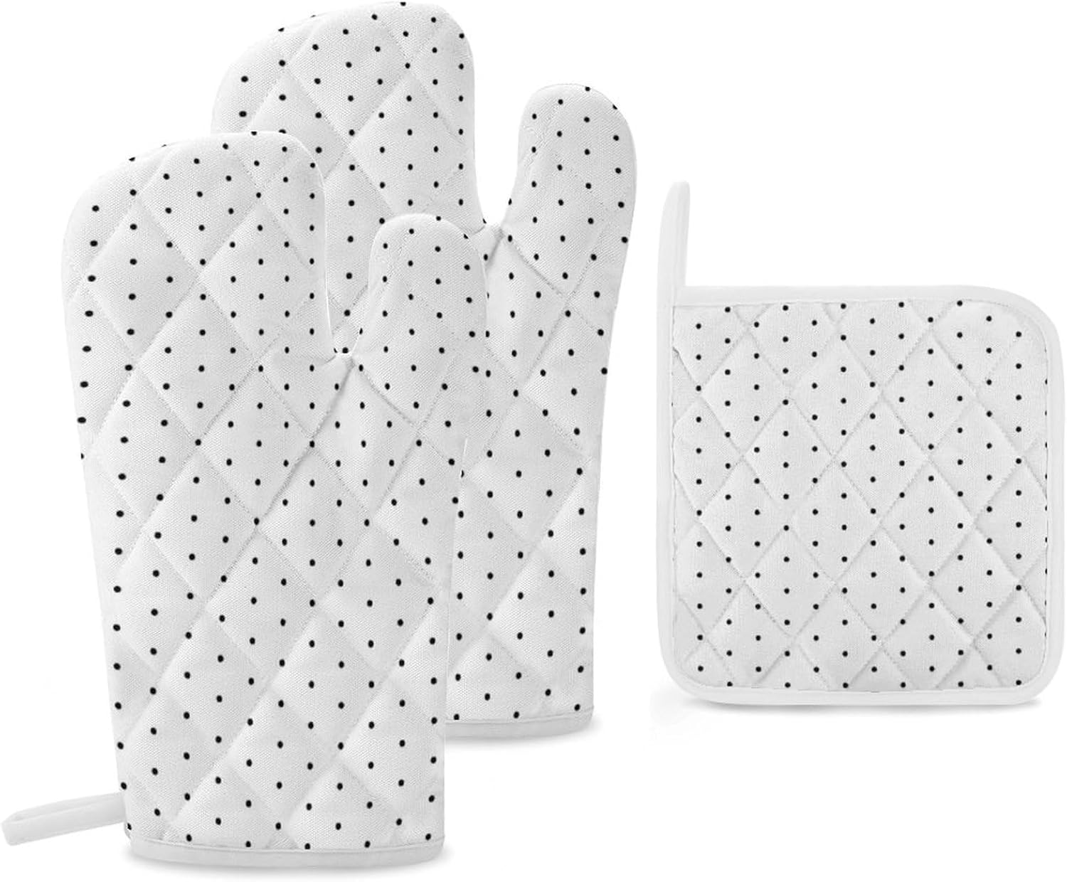 3PCS Oven Mitts and Pot Holders Set, White and Black Tiny Polka Dots Pattern Heat Resistant Oven Mitts Gloves Set Kitchen Hot Pads for Cooking Grill