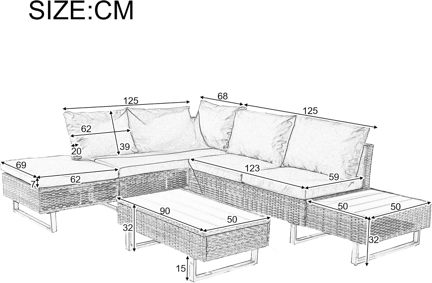Detailed dimensions diagram of the Merax Rattan Garden Sofa Set components in centimeters.