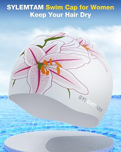 Miniatura 8 de SYLEMTAM Gorros de natación de silicona para cabello largo, impermeables, para mujeres adultas, cómodos gorros de natación aptos para cabello