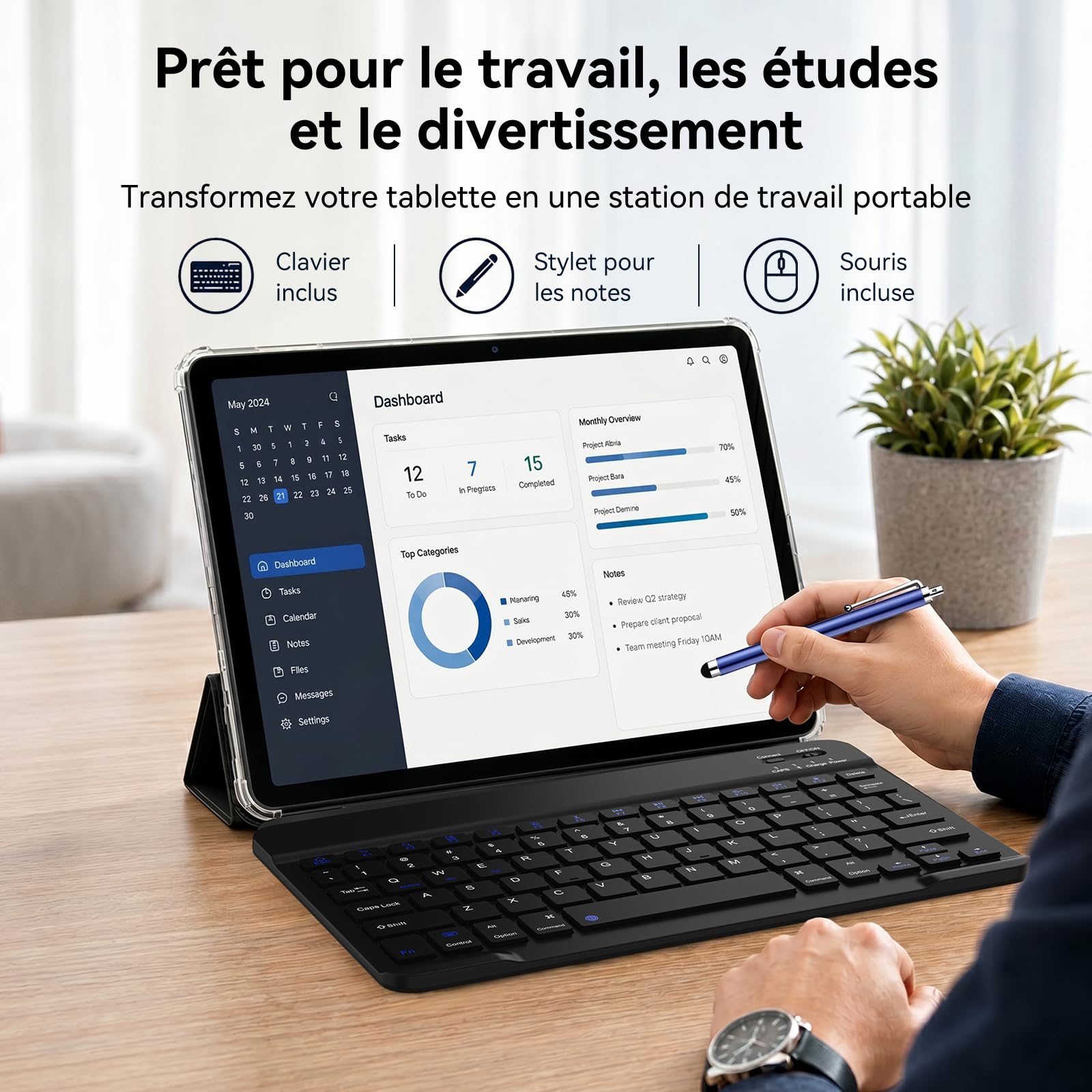 TABWEE Tablette avec Clavier et Stylet, 18 Go+ 128 Go (2To TF) | Idéal Pour l'École et l'Université, Android 15 Tablette 10 Pouces, 6000 mAh, Gemini AI, GPS (Garantie de 4 Ans)