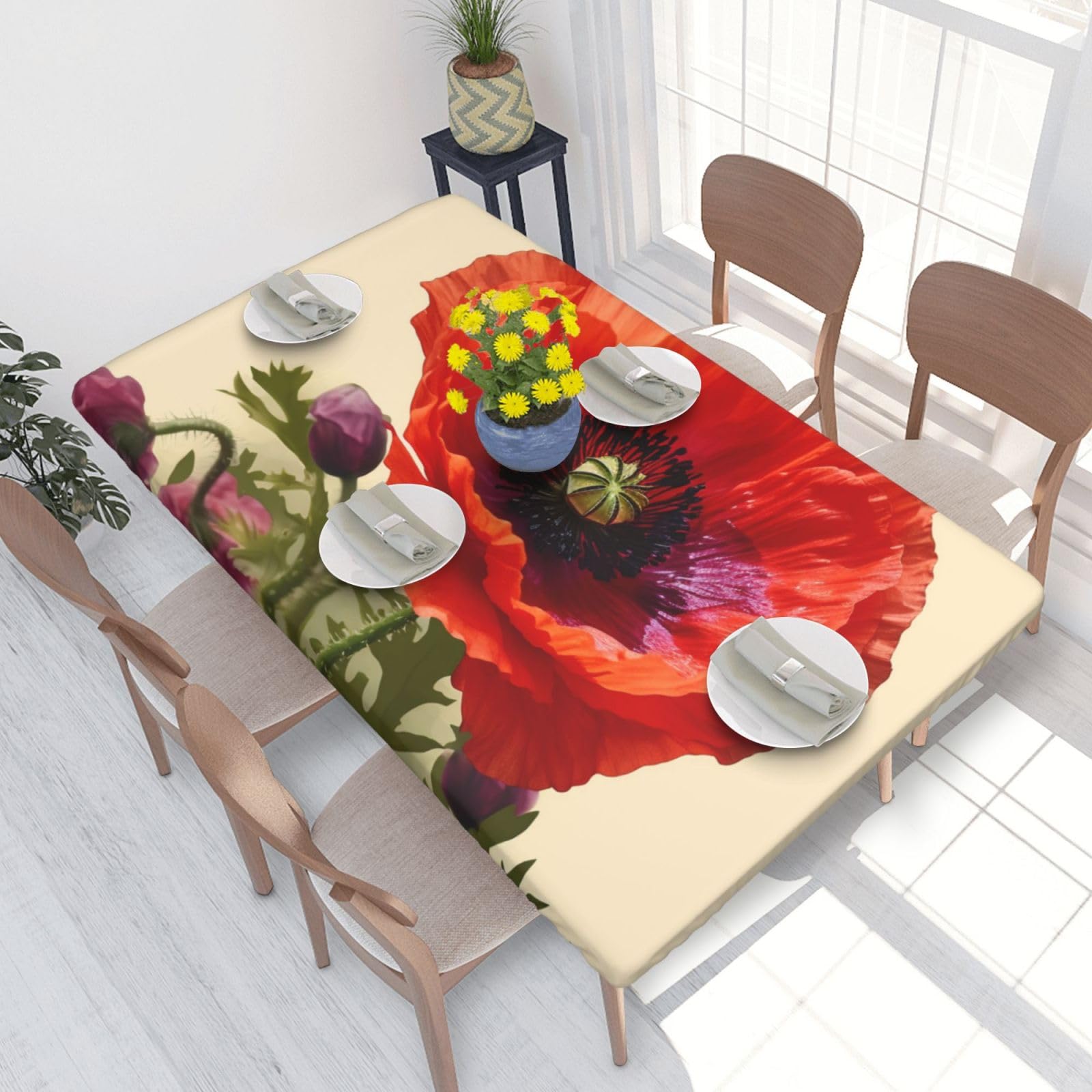 WPKJU Poppy Flower prin Printed Tablecloths 4ft Rectangular Table Covers Washable Polyester Decorative Table Cloth for Dining Table Picnic Wedding