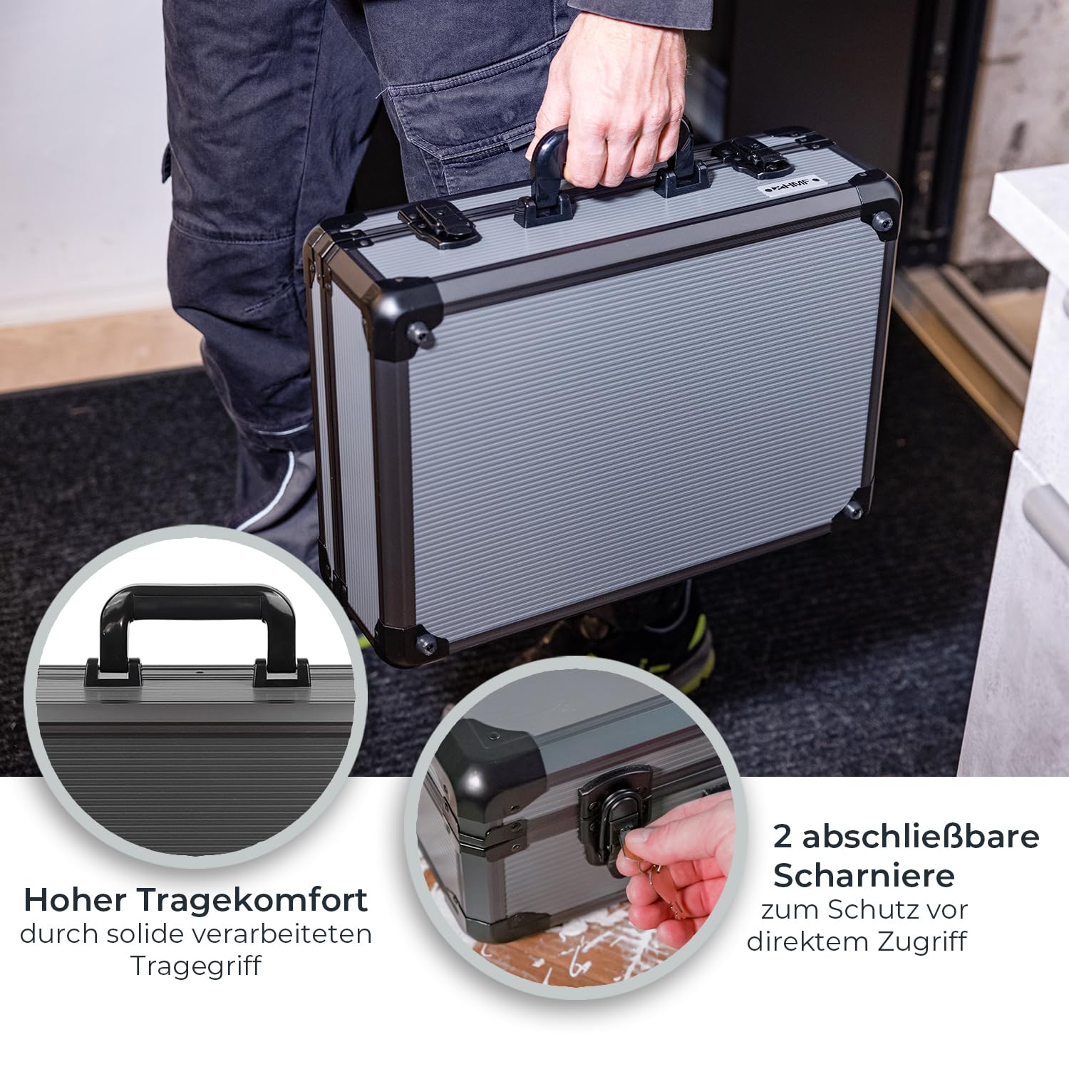 HMF Alu Werkzeugkoffer leer mit 17 Einsteckfächern für Werkzeug, große Werkzeugkiste mit verstellbarer Facheinteilung | 46 x 33 x 15 cm | Anthrazit-Schwarz