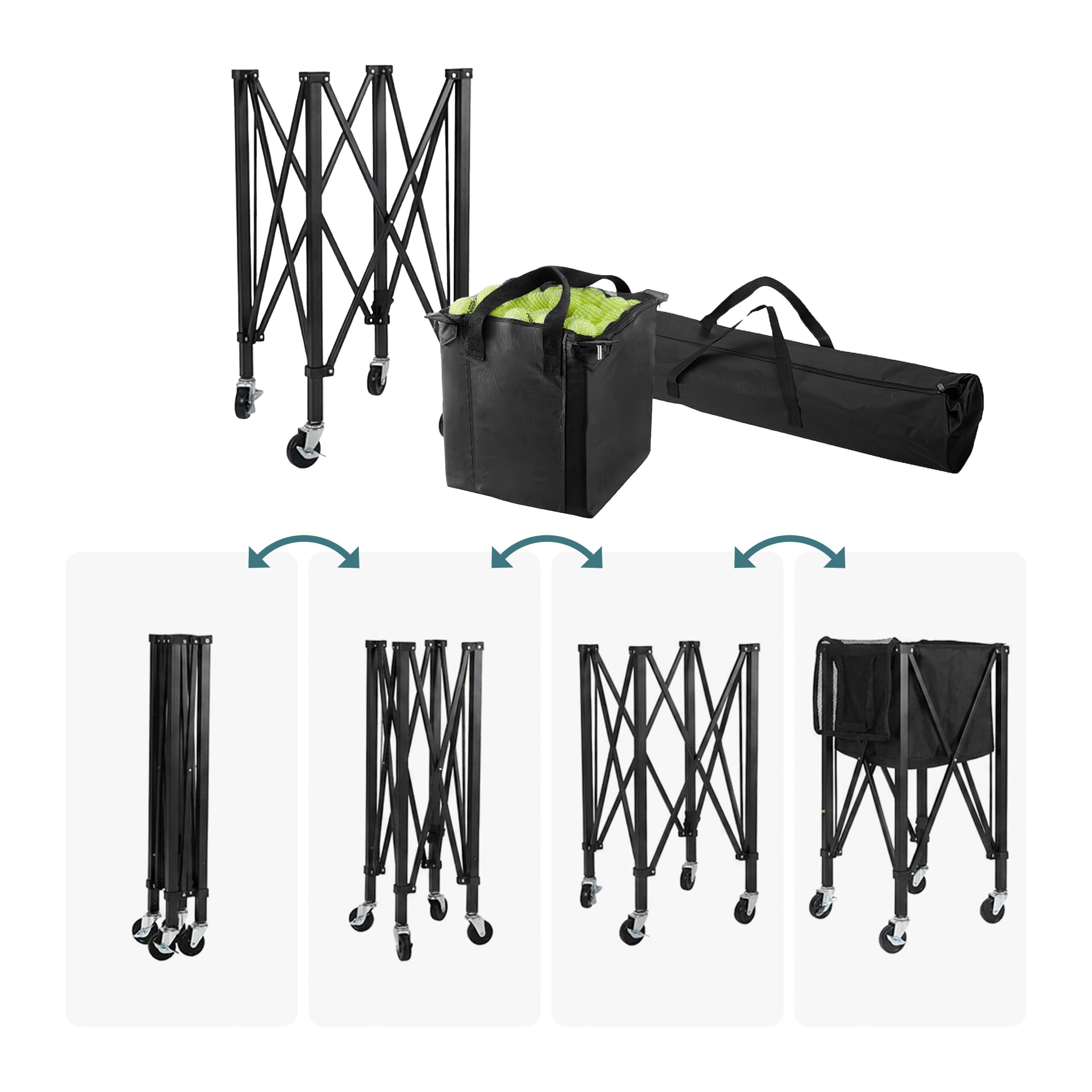 Relaxdays Tennis Ballwagen, für 150 Tennisbälle, mit Rollen & Tasche, faltbar, HBT: 90 x 41 x 41 cm, Tenniskorb, schwarz