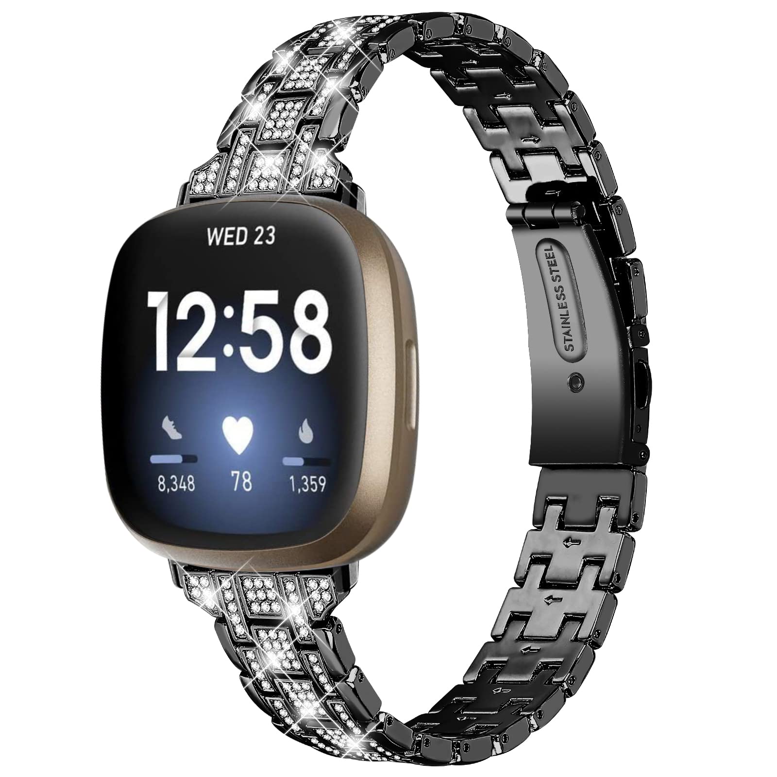 Gimuk Metal Strap Compatible with Fitbit Versa 4/Versa 3/Fitbit Sense 2/Sense Strap, Women Men Stainless Steel Bling Rhinestones Replacement Strap Wristband Accessories Band Bracelet