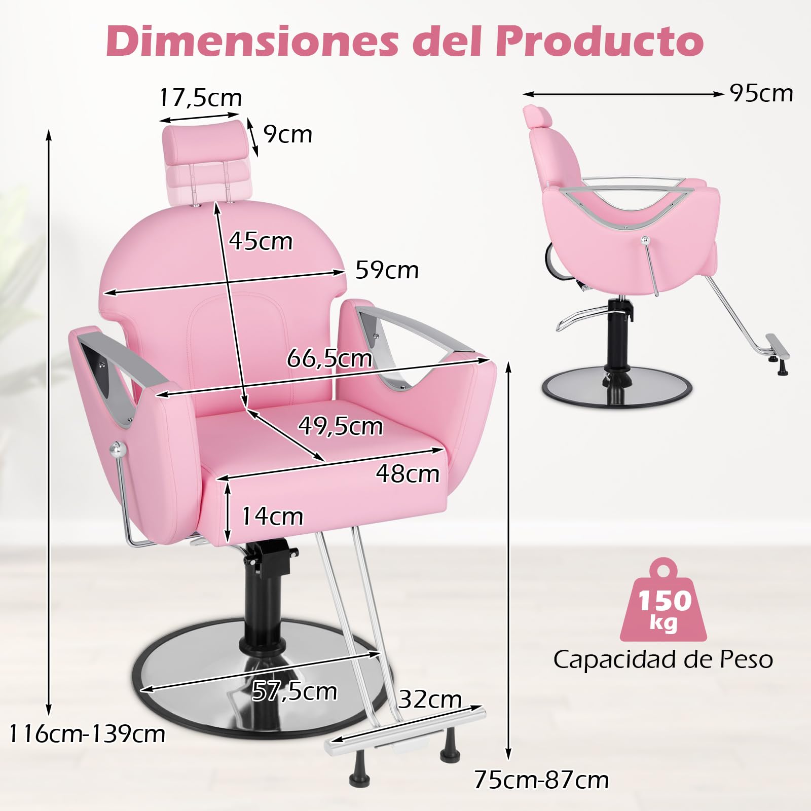 COSTWAY Silla de Peluquería Reclinable, Silla de Barbero Ajustable en Altura y 360°Giro, con Bomba Hidráulica, Esponja Densa y Base Metálica Estable, Ideal para Peluquería, Tatuajes y SPA (Rosa)
