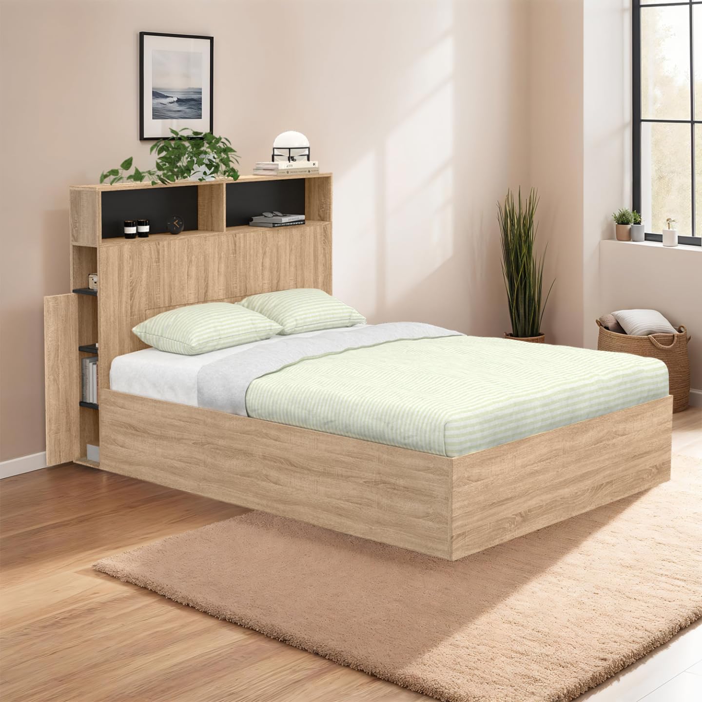 The IDMarket Clyde Double Storage Bed fully assembled in a bedroom setting, showcasing its beech and black design and integrated headboard storage.