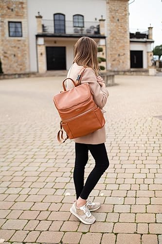 Miniatura 10 de Mochila de cuero para pañales para mujer con múltiples bolsillos, compartimento para laptop y cambiador, Marrón renacimiento, Mochila multifunción