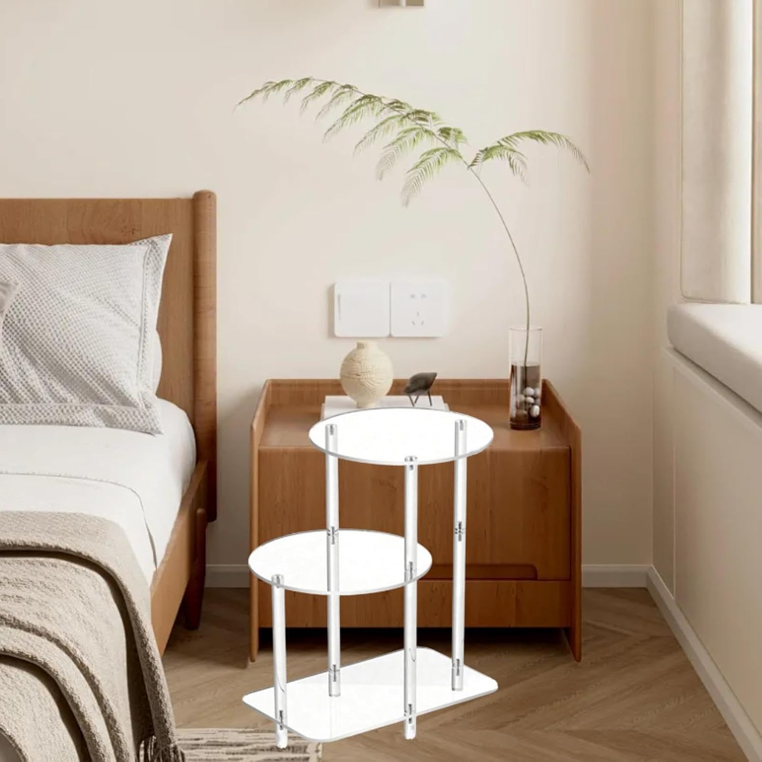 Acrylic Side Table Clear Organizer 3 Layer NightStand for Office Home Dessert, Round